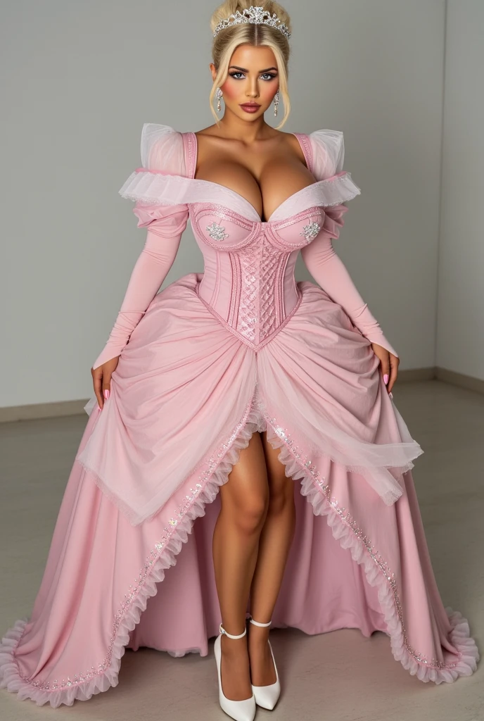 drag queen wearing prissy sissy maid long length huge-puff-sleeves latex bubble dress,
massive enormous perky round overfilled engorged gigantic Breast