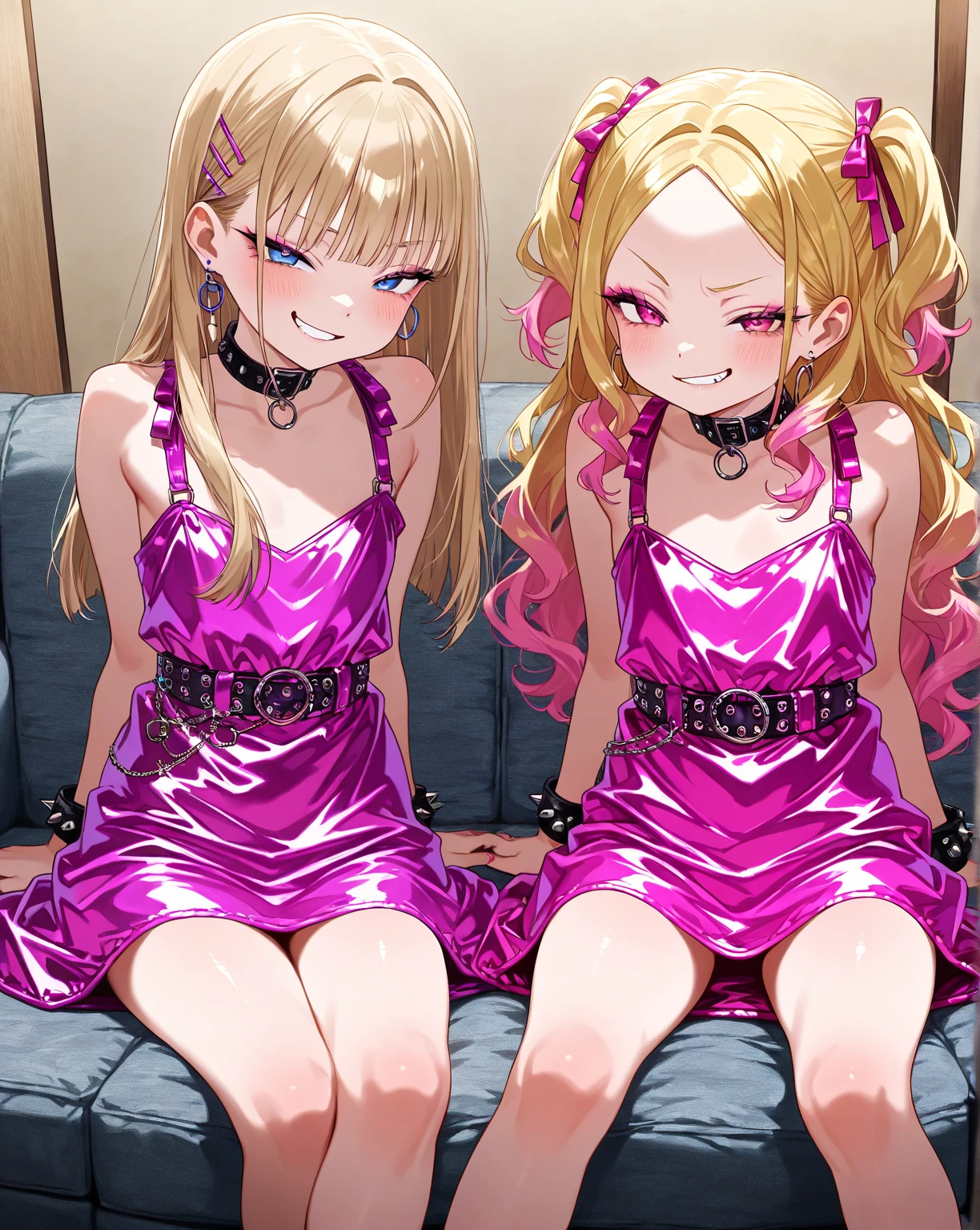 (masterpiece, best quality), best resolution, (3heads:1.5), dynamic angle, hands on hips, peace sign, 1girl, pink hair, twintails, smug, light blue eyes, black nails, black dress, bedroom, thick thighs, black nails, full body, kneeling