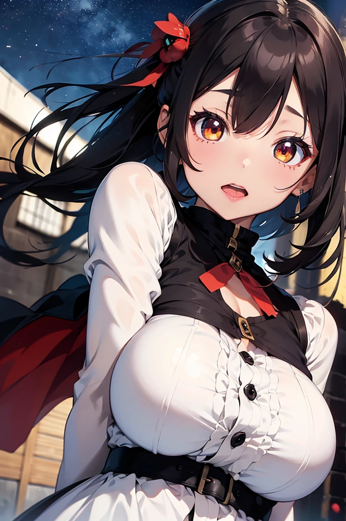 (((masterpiece))), (((best quality))), a pet dragon, resting on girl's head, breathing fire, black collar, red complex pattern cut-out warrior costume, sleeves, solo, 1girl, ribbon, longhair, cleavage, big tit, sweat, shy, blush, grassland, sky,  <lora:girllikepetdragon:1>,
