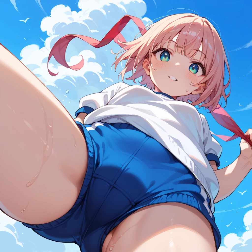 Ruby (plain white tshirt、school gym buruma:1.3)、no bra、playground、outdoor, during daytime、(Oblique angle、From below:1.3)、(Looking down:1.3)、(From chin to knee:1.3)