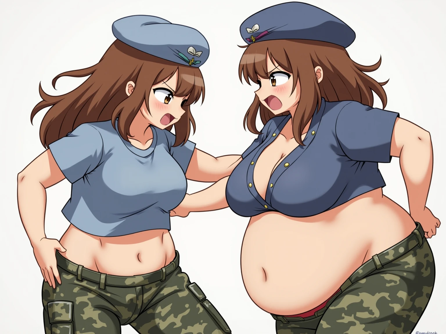 masterpiece, tight denim pants, chubby but small breasts, thick legs, Full body, A body as thick as a man's, Solo, Realistic, Sexy Asian face, scornful eyes, Swollen face, Ripped black denim pants, Japanese face, Legs focus, Moderately fat body type+, 1 woman, wide shoulder, short sleeve T-shirt, Black Denim pants, thick tights, short hair, Collar cropped hair, cardigan, adult woman, Game company programmer, Short legs, Long upper body, Thick waist++, low rise black denim pants, Small breasts and fat and short leg, Muchimuchi body best quality, 1girl, kaoruko, brown hair, brown eyes, twintails, hair ornament, large breasts, red ascot, looking at viewer, sketch, solo, simple background