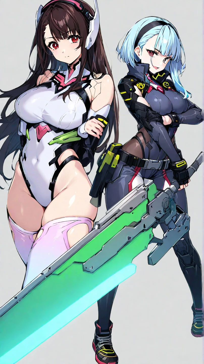 masutepiece,in 8K,High quality,Fine detail,super precision,two sisters(crazed smile),Big guns,large boob,Tank Tops,hotpants,in fighting,Build a night city(cyberpunked),dazzling neon light,