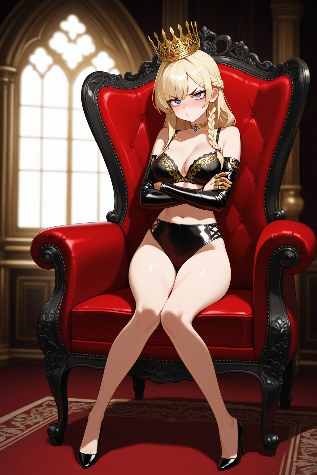 1 Anime Girl, ((((solo)))), (((Black Dress))), (((Sitting on a red couch))), (((blond hair))) (Long Hair), (((blue eyes)))), ((sexy pose)))), (((mischievous smile)))),  ((((showing the panties)))), (((open legs))), ((large breasts)), ((((veil on the head))))