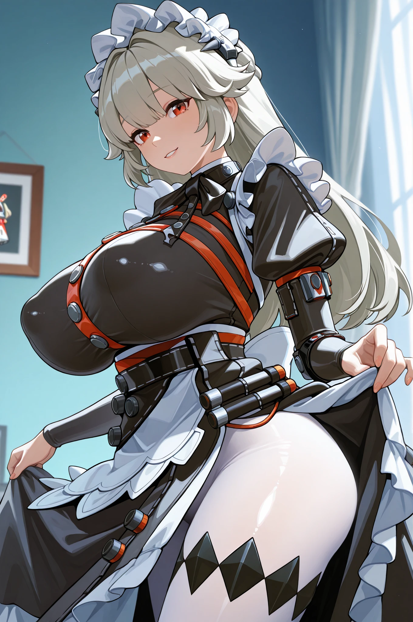 score_9, score_8_up, source_アニメ,blunt bangs,ponytail,Yellow Eyes,Gray Hair,Big Breasts,((1girl)),White background,areola,oiled skin,sharp eye,,stockings,High leg,latex,inner,tie,garter belt,High heels,Nipple Covers,Apron,Face Veil,The whole body is shown,Expressionless,Front opening,Bukkake