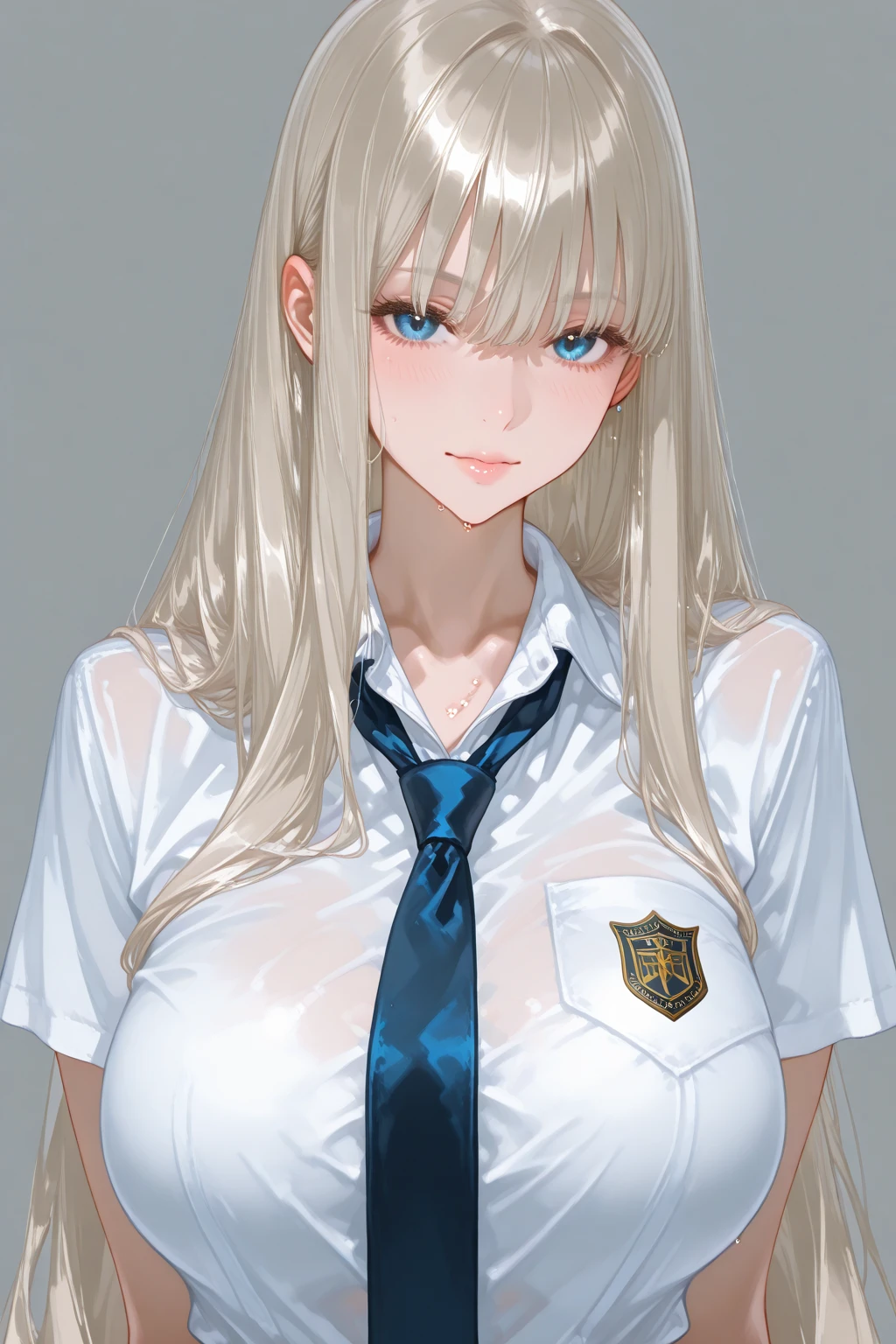 blonde hair, long hair, blue eyes, Happy, school uniform, short skirt,White underwear fully visible、 Medium chest, cleavage, classroom, slim legs, belly button, 脱いだschool uniform、I rolled up my skirt、Bewitching、sexy、