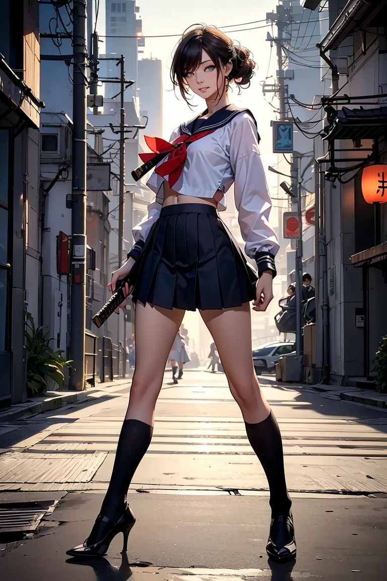 1girl, senketsu, matoi ryuuko, matoi ryuko, suspender, school uniform, (realistic:1.2), (realism:1.2), (masterpiece:1.2), (best quality), (ultra detailed), (intricate), (85mm), light particles, lighting, (highly detailed:1.2), (gradients), sfw, colorful, (detailed background), (rule of third_composition:1.3), (Line of action:1.2), widaylight, solo