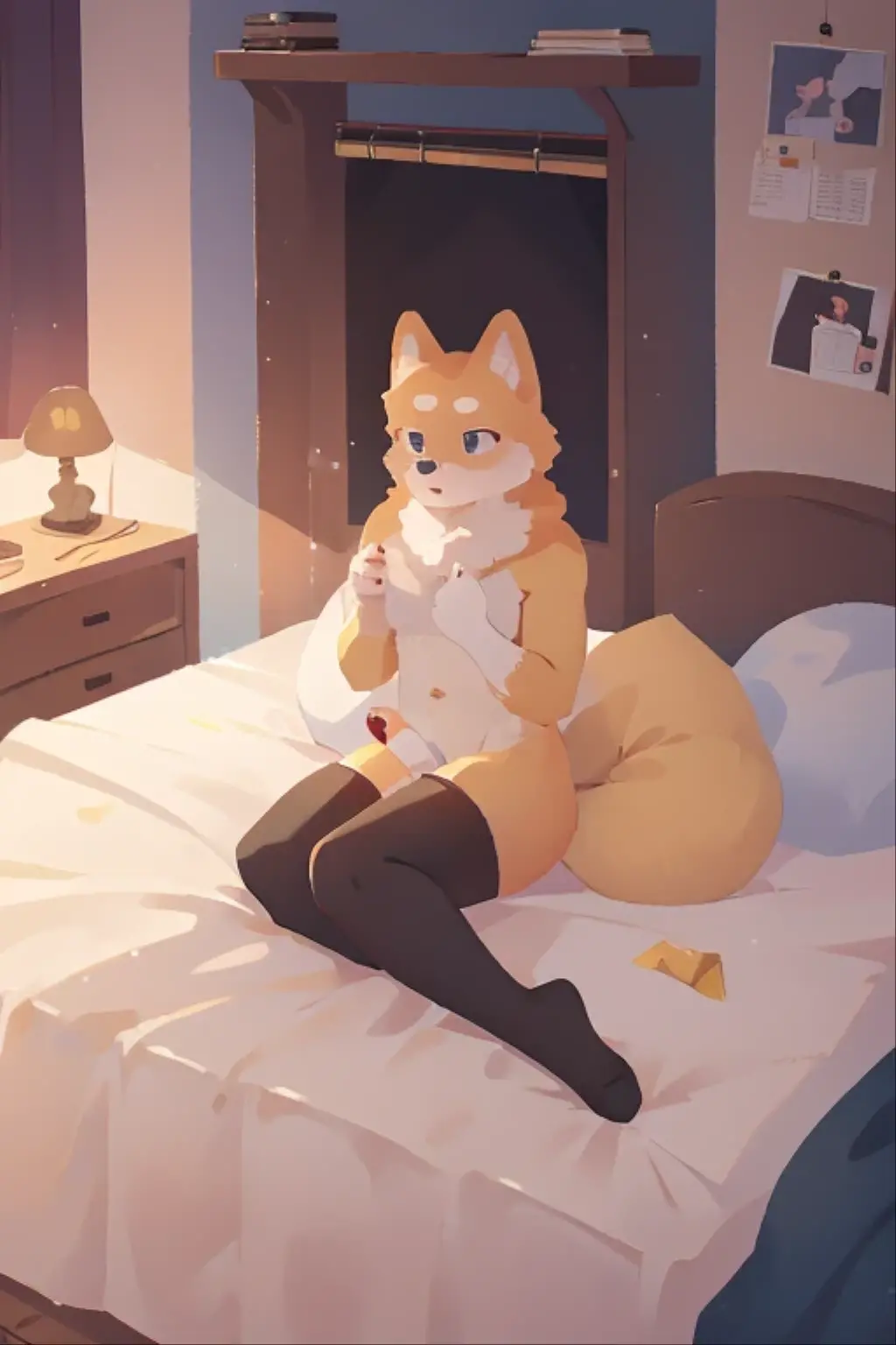 By bebebebebe, by lostgoose, by goonie-san, female, ((canine, snout, hair covering eyes, straight hair, medium hair, flat hair, ears, thin snout)), brown fur, big poofy tail, raised tail, dark maroon hair, (muscular, big breasts), solo, (laying on her stomach, view of ass, focus on ass, nice ass), looking at viewer, sweater, vagina, in bed, fairy lights, winter outside window, early morning, sunrise, open mouth, panting, huffing, reaching back, fingering asshole