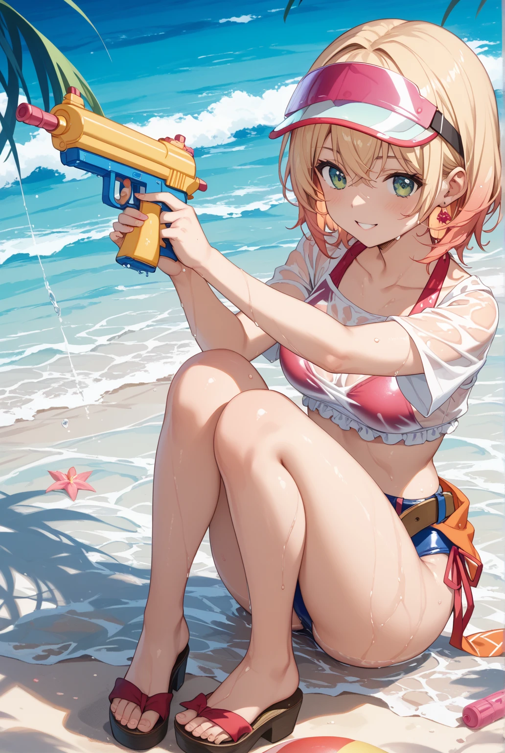 ((big breasts)), 1girl, solo, looking at viewer, smile, short hair, blonde hair, navel, holding, jewelry, standing, swimsuit, full body, flower, bikini, hairband, outdoors, sky, shoes, day, striped, nail polish, bracelet, see-through, ocean, beach, sneakers, blue bikini, striped bikini, sand, water gun, holding water gun , (masterpiece,best quality: vv 1.5),