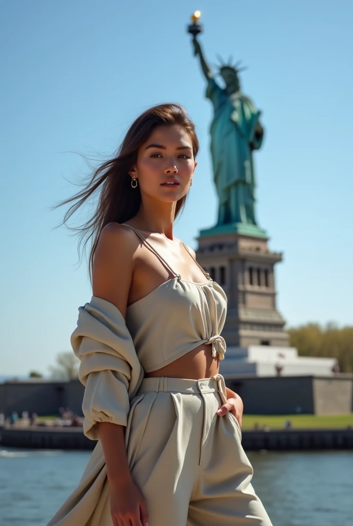 ((best quality)), ((masterpiece)), (detailed), perfect face, The Statue of Liberty background silk dress tight dress open abdomen selfie take with The Statue of Liberty super deatiled face