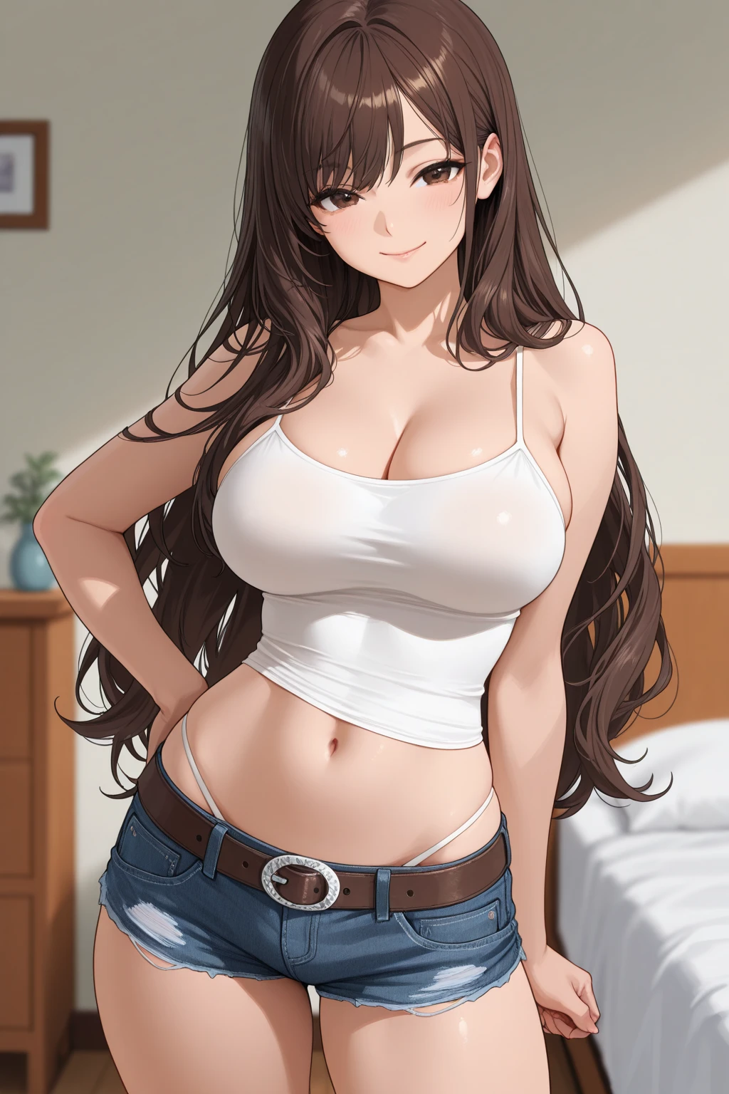 ((Tabletop, Highest quality, High resolution, , Pixel Perfect, 4K,))), 1 female, 、The whole body is visible、 ((Long Wavy Hair, bangs, Brown Hair)), ((Brown eyes, Beautiful eyelashes, Realistic eyes)), ((Detailed face, Blushing:1.2)), ((Smooth texture:0.75, Realistic texture:0.65, Realistic:1.1, Anime CG Style)), Medium sized breasts, Dynamic Angle, Perfect body, (( , , White camisole、No bra、、 Tight jeans pants、Take off your pants below your knees、、、)), Gold Hair Ornament、Cross Necklace、、Very embarrassing panic smile, 、、、、、Leaning forward、Nipples are slightly visible、Sideboob、、Place both hands on the wall and stretch your arms out、Stick your butt out、Luxury apartment kitchen、、、、、、 、)、