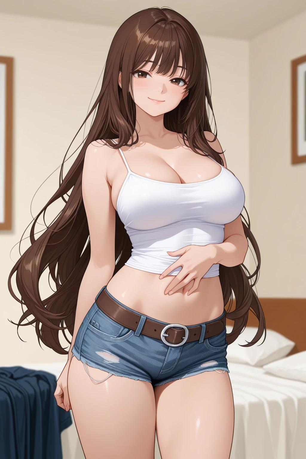 Very detailed、highest quality、Best image quality、masterpiece、8k、Anime Face、A kind smile、Open Mouth、((brown long hair:1.5))、big breast, sexy、 beautiful body 、Cowboy Shot, Sexual Intercourse, ((pink eyes)), hotel bedroom, ((( Jeans))), (((red bra)))