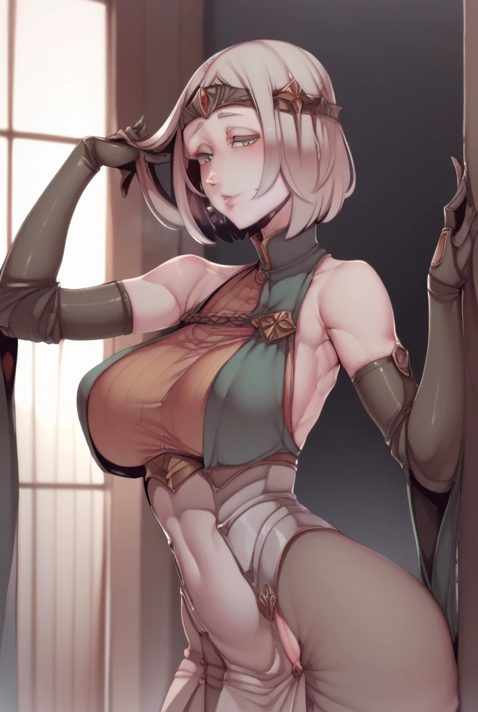 Nier Automata's 2B, with brown hair, (((nude, topless))), bright green eyes with brown spots, detailed lips, stain lipstick, long eyelashes, primer, cream eyeline, small low hanging and heavier breasts, narrow waist, wide hips, inflated legs, thick thighs, 4k, highly detailed face, (((close up of face))), smiling