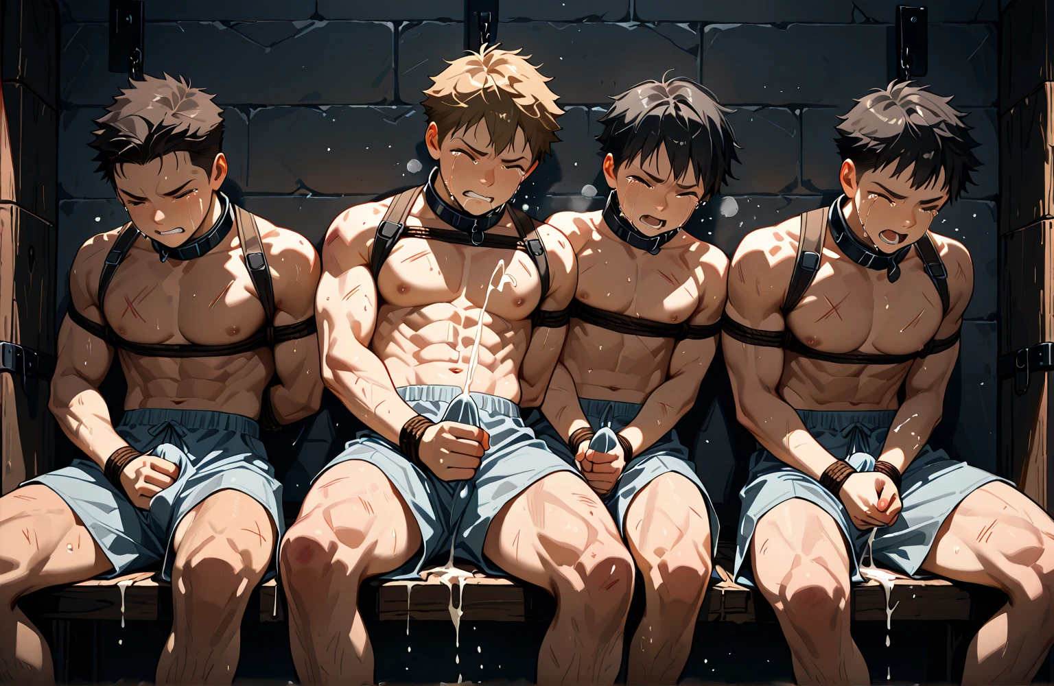 Highres, Masterpiece, Best quality at best,Best Quality,hight quality, hight detailed, 3boys, group, Shota, (Armpit), Show body, Classroom, BDSM,Tied wrists, Mouth gag, Bondage outfit, hansome, Sweat