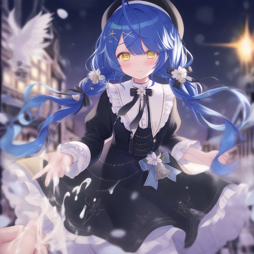 ammykkr Christmas, Amamiya Kokoro, bell, beret, black dress, black shoes, black hat, black ribbon, blue hair, blush, bow, braids, dress, feather ornament, flower, hair accessory, hair accessory, hat, layered clothing, long hair, long sleeves, neck ribbon, pantyhose, ribbon, white pantyhose, Blowjob POV ,Cum splashing, hd5、tnsk