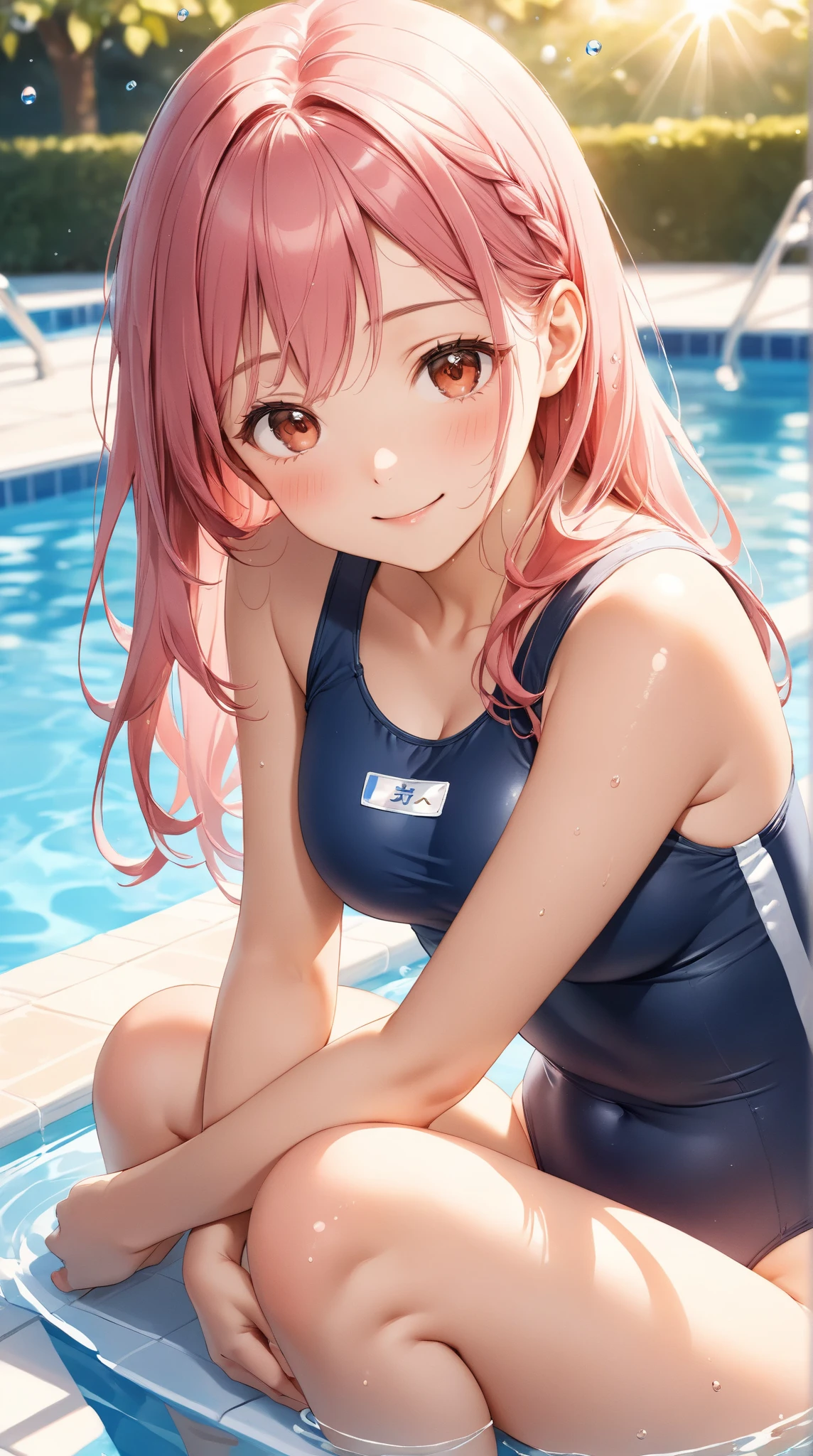 all intricate details: "an athletic girl with a perfect body, cute, symmetrical face, Olympics, Olympic pool, swimming, swimming competition, wears the number "1126" in the competition swimsuit, random tv angle"