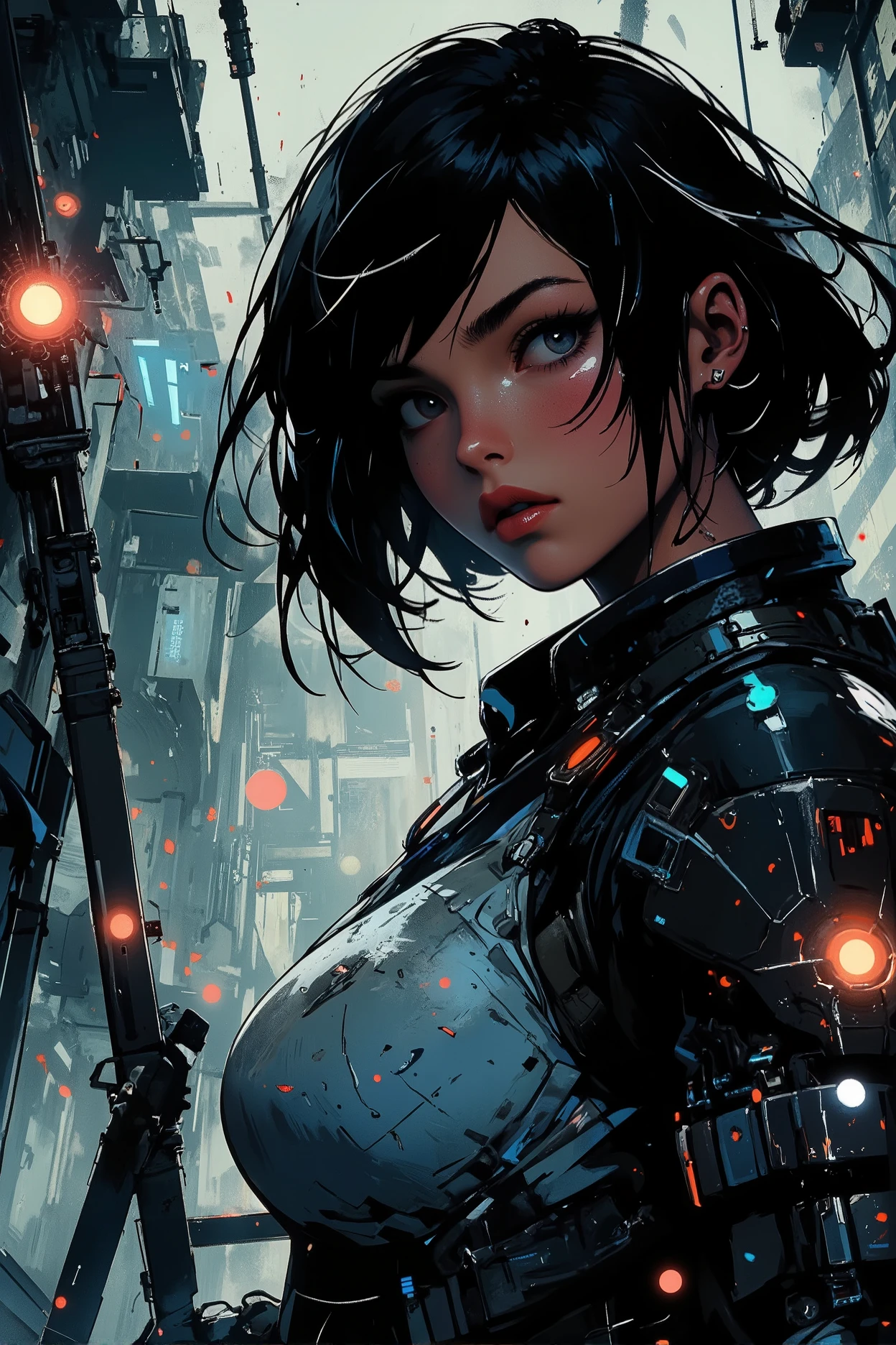 cyberpunk, anime, action shot, sci-fi, maintenance shaft, ladder, extreme close-up of face, high angle looking down at face, focus on face and hands, 1female, perfect hands, A futuristic soldier wearing advanced sci-fi armor climbing a metal ladder inside of a maintenance shaft, The armor is battle-worn, scratched from previous missions, with glowing blue accents. The shaft is lined with flashing lights, access ducts, and flickering holographic interfaces. A faint mist of coolant vapor drifts through the air. she has a focused, war-hardened face. Cinematic lighting, volumetric shadows, hyper-detailed textures, 4K, dramatic sci-fi atmosphere. 1female , sexy, 20yo, face (detailed, gorgeous, perfect, flawless, stunning), armor, eyes (light blue eyes), hair (short, straight, black hair with white streaks),