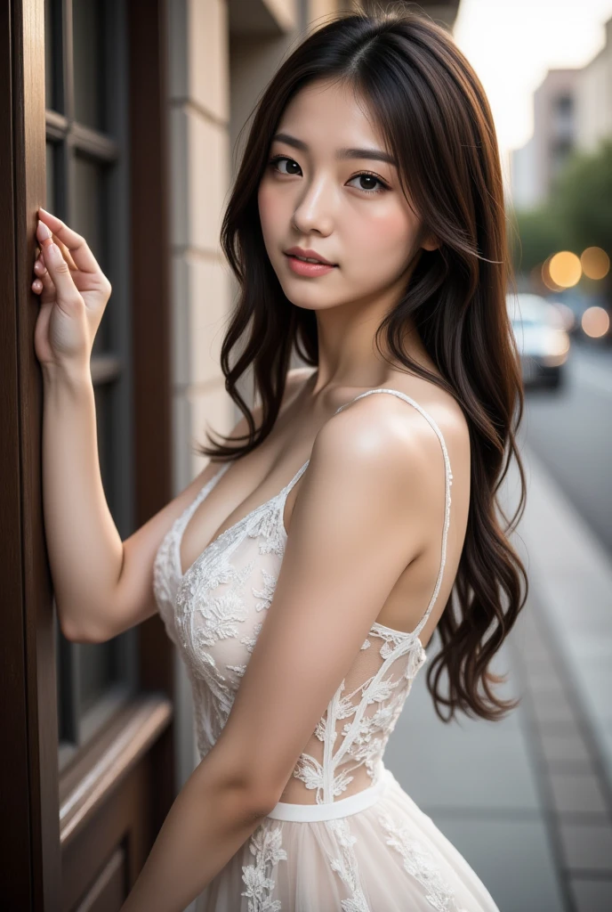 mix4,(8k, RAW photo, best quality, masterpiece:1.2), (realistic, photo-realistic:1.37), (delicate face), best quality, long wavy hair,(hair hanging over shoulders and chest), (full body:0.8) (photorealistic:1.4), professional lighting, photon mapping, radiosity,(black hair:1), rain, night, 1 girl,chinese,(Standing), style-bridal,