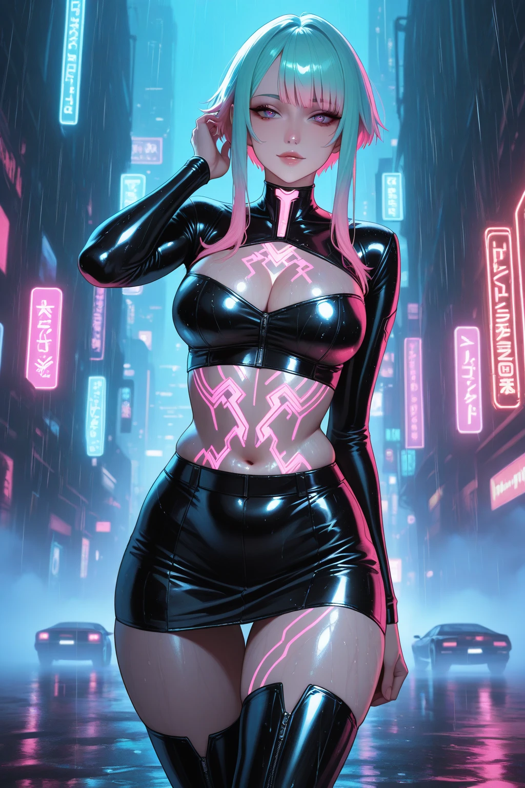 uma pintura digital da spider gwen utilizando touca e mascara, References to classic comic book malvel, spider verse, outfit Long Hair, arte cyberpunk de Josan Gonzalez, vencedora do concurso behance, afrofuturismo, synthwave, neon, neon brilhante,coxas grossas, cintura fina, sensual, nsfw, pouca roupa, arte erotica, anime, roupas  rasgada de batalha, extremamente sexualizada, corpo suado, NSFW, seios grandes, bunda grande, HD, 8k, Alta qualidade, detalhes, corpo perfeito, destaque o corpo, detalhe no rosto perfeito, Detail in the background