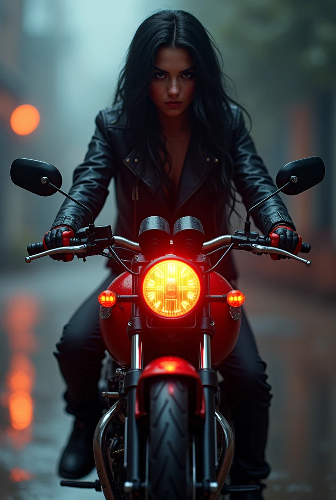 Girl wearing full hood and sexy clothes waiting at red light on motorcycle with background of road