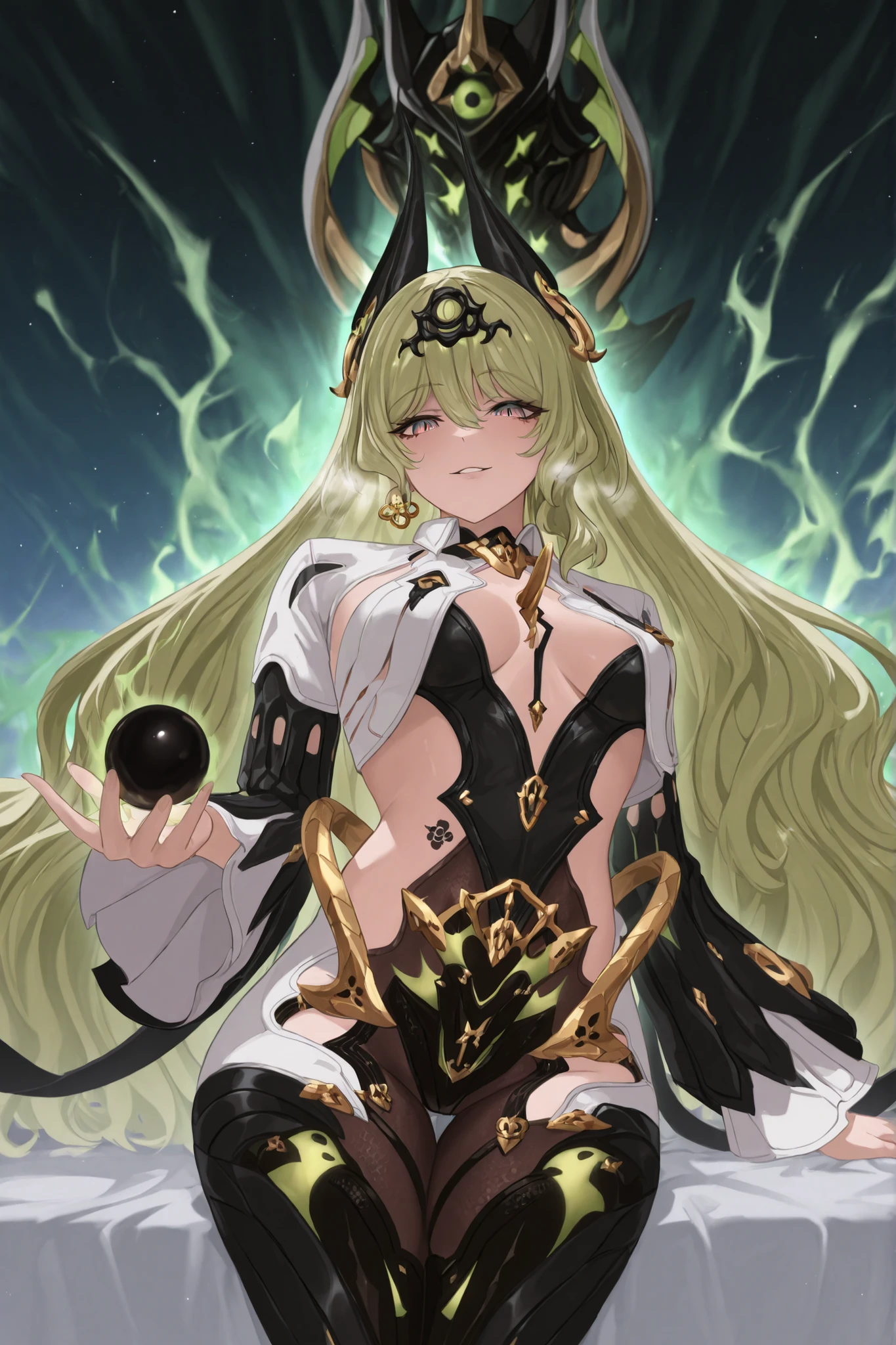 ((apenas)), (mobius :1.2), Aquecer, Hand in green and black orb, Beautiful woman with snake tattoos all over her body, cabelo verde , cabelo longo, cabelo desgrenhado, sidelocks, levado, white breath, multicolored eyes, olhos brilhantes, seios grandes, zipper, decoration scales, aura brilhante, parte superior do corpo, ao ar livre, Mundo diferente, ridiculous masterpiece, cor fria, alto contraste, is extremely absurd