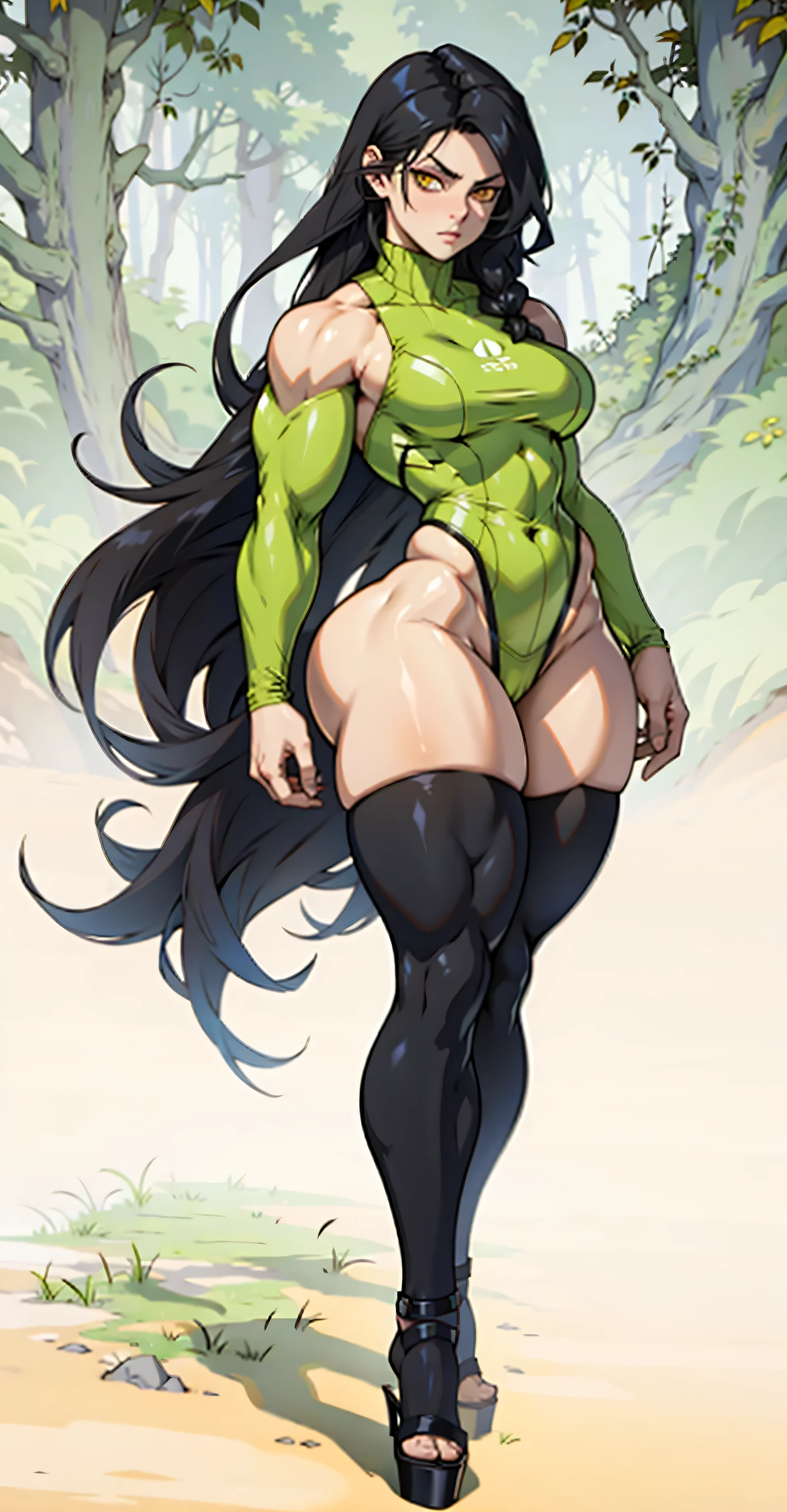 ((((1girl bodybuilder muscular)))) pale skin black hair very long hair yellow eyes long abs ((curvy wide hips thick thighs huge breasts grey background)) sweaty see-through