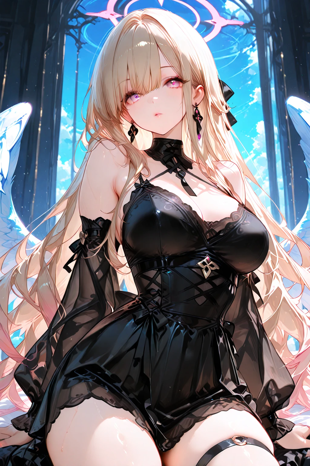 masterpiece:1.4,best-quality,Super Detail,Very Delicate and Beautiful, ((( nsfw, sexual, public indecency ))), (( A beautiful princess in sex act dress )), black lingerie, beige hair, gigantic breasts, beautiful eyes