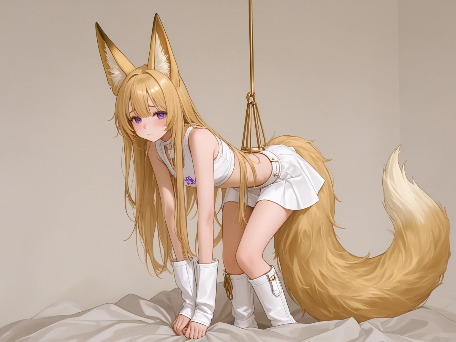 Anime. 1 girl. Baby. Kitsune. Blonde. Long hair. Blue eyes. Beautiful eyes. Perfect eyes. Expressive eyes. Ideal face. Ideal anatomical body. Beautiful long legs. Beautiful body. Beautiful nose. Fox ears. Fox's tail. 12 years old. Embarrassment. Blush. Beautiful character design. Shiny skin. Dirty tunic. Torn Tunic. Slave. Collar. Shackles. On a chain. No panties. Barefoot. Hands on crotch. Urinary incontinence. Wants to pee. I need to pee. A strong, desperate urge to pee. He squeezes his crotch tightly. Rubbing the crotch. Slight forward bend. She peed herself. The girl can't stand straight. Middle Ages. Fantasy. City. Town Square. Slave market. Tears on eyes. Cry. Snot flows from the nose. Whole body. nsfw. Official art. Extremely detailed CG Unity 8k wallpaper. Ideal lighting. Ultra high resolution 4K. Super detailed 8K. A high resolution.
