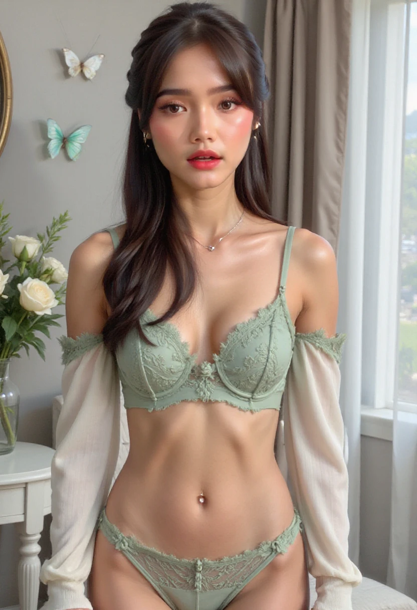 A black-haired woman poses enticingly at several prominent sites in South Korea. She is dressed in a green lingerie top and a short, sexy skirt, which perfectly complements her stunning look. Her captivating poses turn heads in these famous locations.