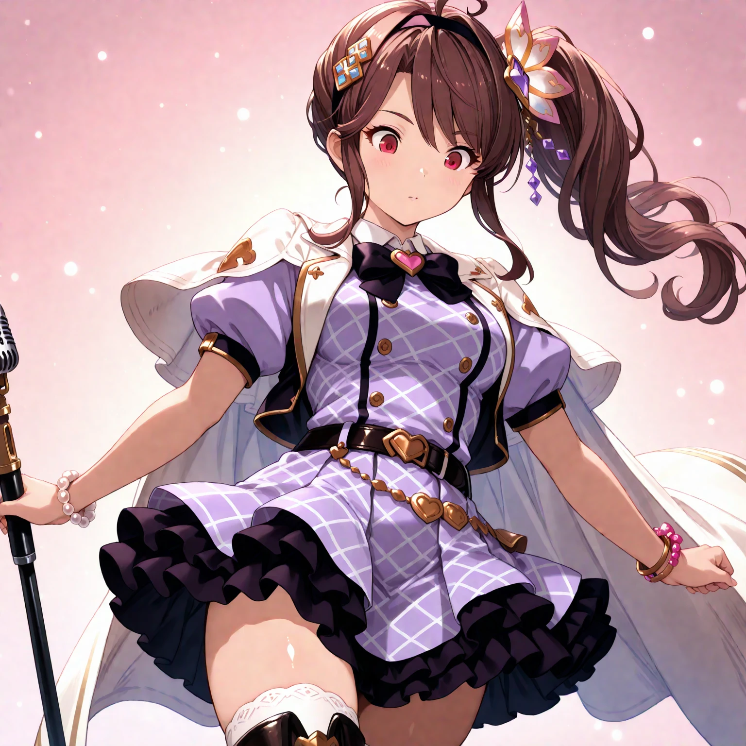 (ultra-detailed),Dhiantha \(granblue fantasy\),Dhiantha,granblue fantasy,gbf,heart,brown hair,bangs between eyes,long sidelocks,floating hair,hair ornament,,hairband,ahoge,brown eyes,Eyebrows visible through hair,eyelashes,eyebrows,narrow eyes,Sharp gaze,red eyes,very small eyes,tsurime, Pupil,Eyebrows visible through hair,eyelashes,very narrow eyes,Sharp gaze,looking down,jewels,jewelry,long hair,ahoge,side ponytail,bangs,bow,hair ornament,heart ahoge,puffy short sleeves,short sleeves,bead bracelet,bracelet,jewelry,short sleeves,checkered dress,white cape,jacket,black bow tie,black trim,purple dress,frills,black belt,skirt,thighhighs,zettai ryouiki,belt backle,miniskirt,skirt,miniskirt,pleated skirt,layered skirt,frilled skirt,petticort,pannier,knee high boots,white legwear,microphone,medium breasts,(masterpiece),(best quality),high score,highres,incredibly absurdres,anime screencap,pastel colors,anime,shiny skin,Balanced upper and lower body structure,,((sfw)),
(1girl,solo,There is no one else,no background,head shot,face focus),