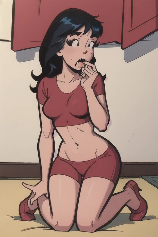 a couple , a young red woman(26 yo,she enjoys) named Rinalia Clareta in a comic realist style. She has long black hair, emerald green eyes, and a smiling, ambitious expression. She has a vivid red skin tone(athletic body ,long legs)naked,average sized breasts, she fucked by her African black boyfriend ( no hair, brown eyes)sex.Comics realistic style
