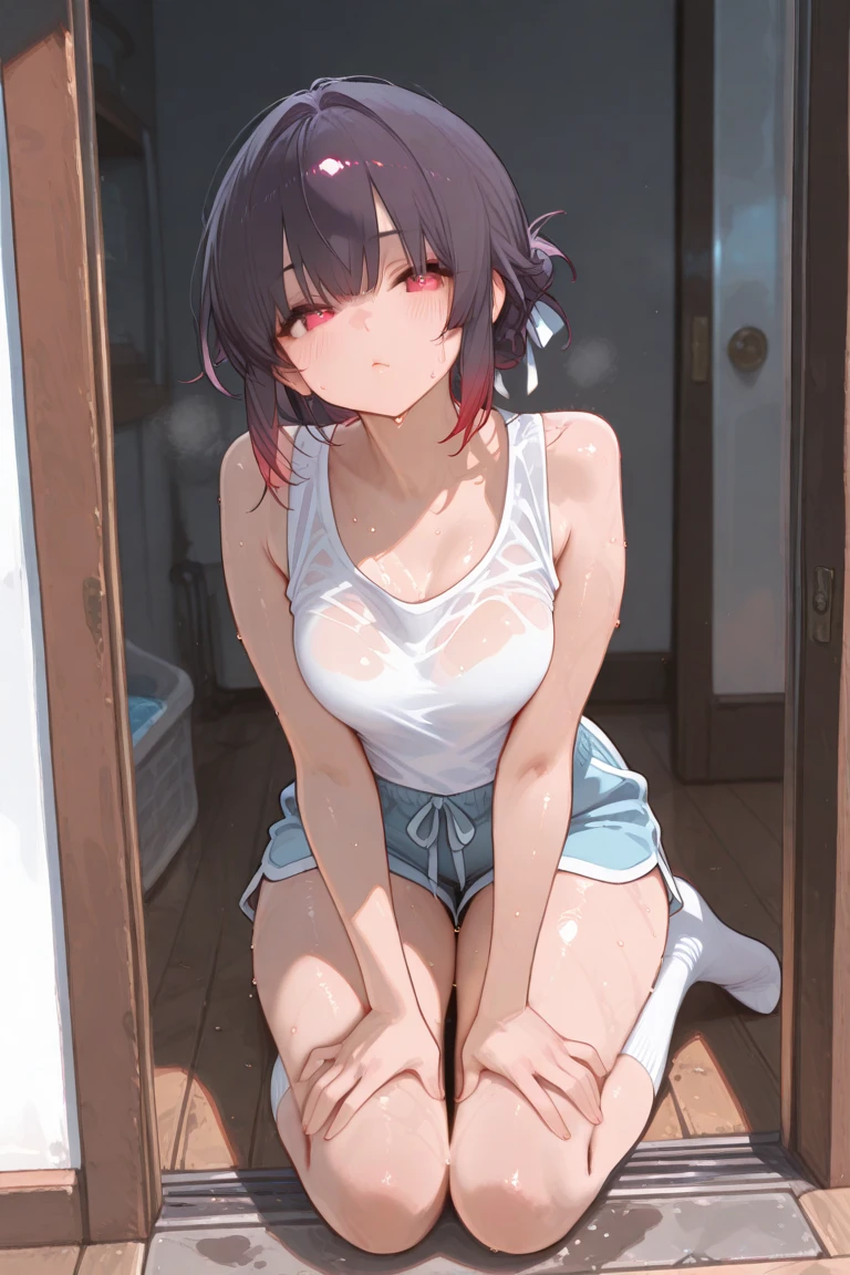 10age、teens girl、black hair short cut、Wearing white underwear、all-fours、white tank tops、inside in room、taken from the under、the morning sun、Take off your pants