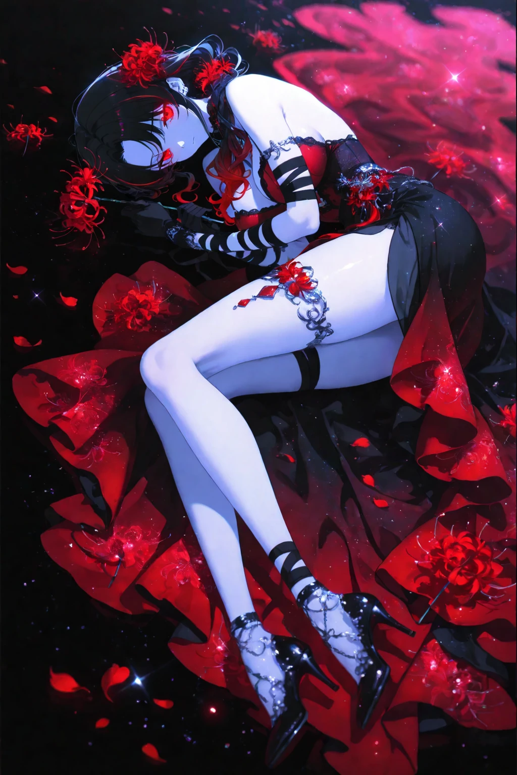 1girl, bare shoulders, black hair, black legwear, breasts, choker, cleavage, collarbone, elbow gloves, fire, flower, gloves, leotard, long hair, looking at viewer, medium breasts, red eyes, red flower, red rose, rose, solo, thighhighs, <lora:Ceremonial_Illya2:1>