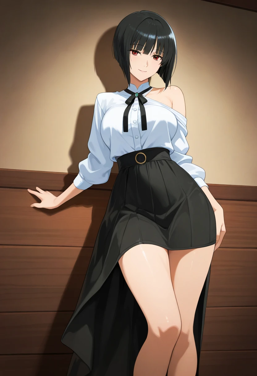 1 girl, alone, komi shuuko, short hair, dark purple hair, parted on the left side of the head, dark purple eyes, smiling, seductive, makeup, light pink lipstick, black sweater, ribbed sweater, black heels, big breasts , medium waist, medium hips, medium thighs, round butt, living room, standing, looking at viewer, head on, pov (from below), night, open window, good lighting, perfect hands, perfect anatomy,