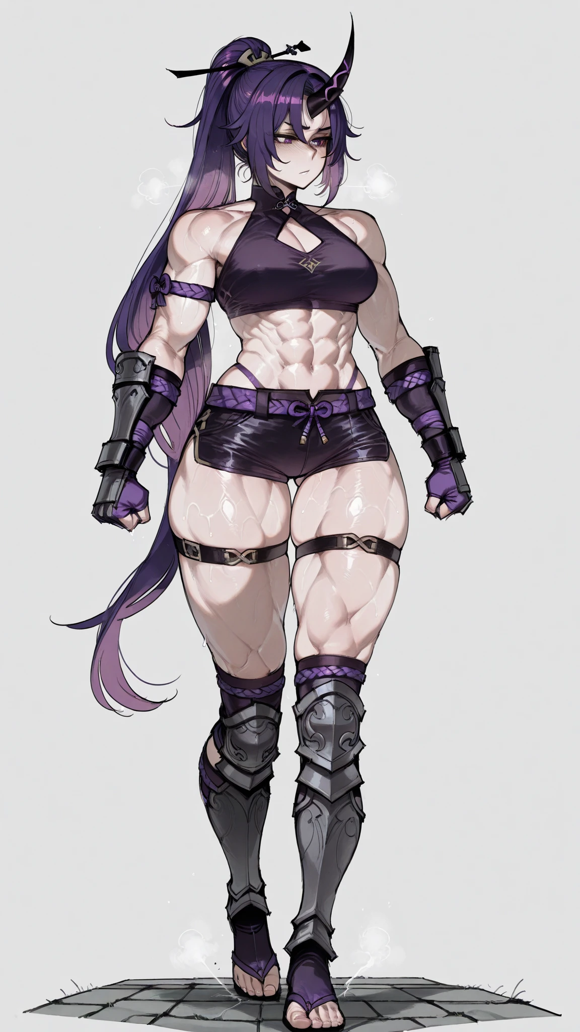 Appearance
Gender: Female
Age: Mature
Race: Drow (elf with dark skin and white hair)
Height: Full-body
Skin: Gray
Skin: Gray
Background: Plain Gray
Eyes: Purple
Attire: Bikini, revealing abdominal muscles
Accessories: Large earrings, ragged rags, chain necklace