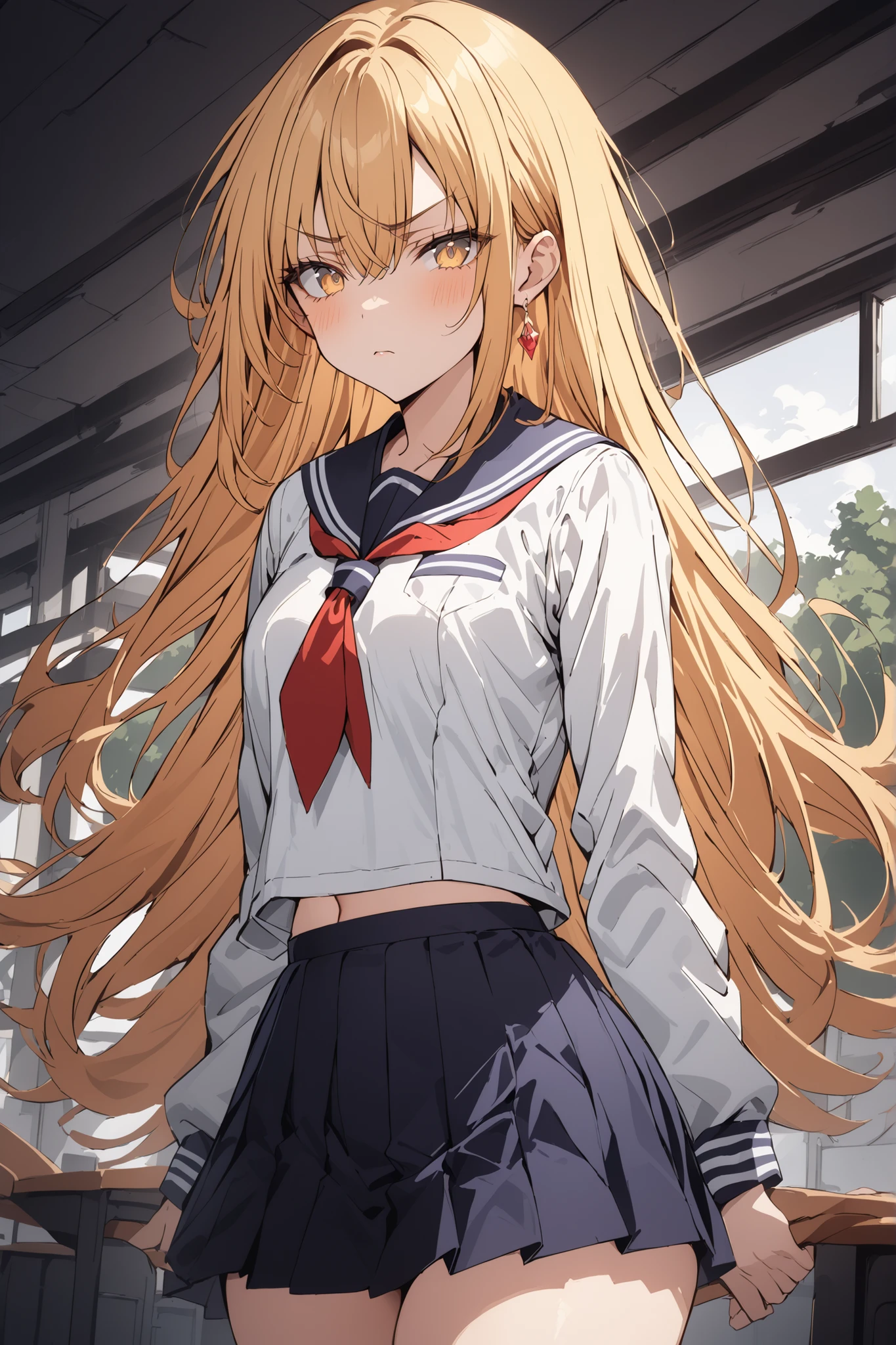 ((Ultimate Masterpiece,top quality:1.2)),(soro),A cool woman with a very slender figure stands at school,(Very thin thighs),cowboy shot with a close cute face,beautiful skin,Very long, straight blonde hair, perfect yellow eyes , tree eyes ,serious expressionless,in a white-based short-sleeved school sailor suit,dark blue pleated skirt,Gold Earrings