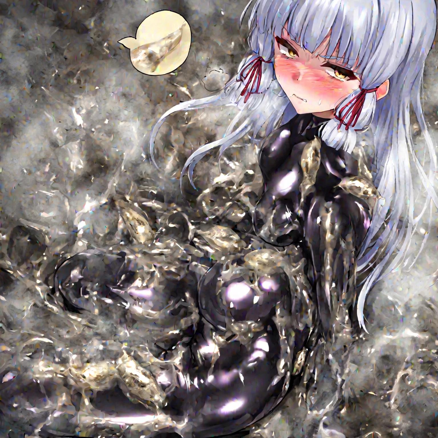 young girl, slime queen, Short silver hair, Blue eyes, body, black tight latex, body covered in black mucus, orgasm, masturbation, lying in black slime, a lot of black goo, black goo swallows girls , masturbates with a dildo