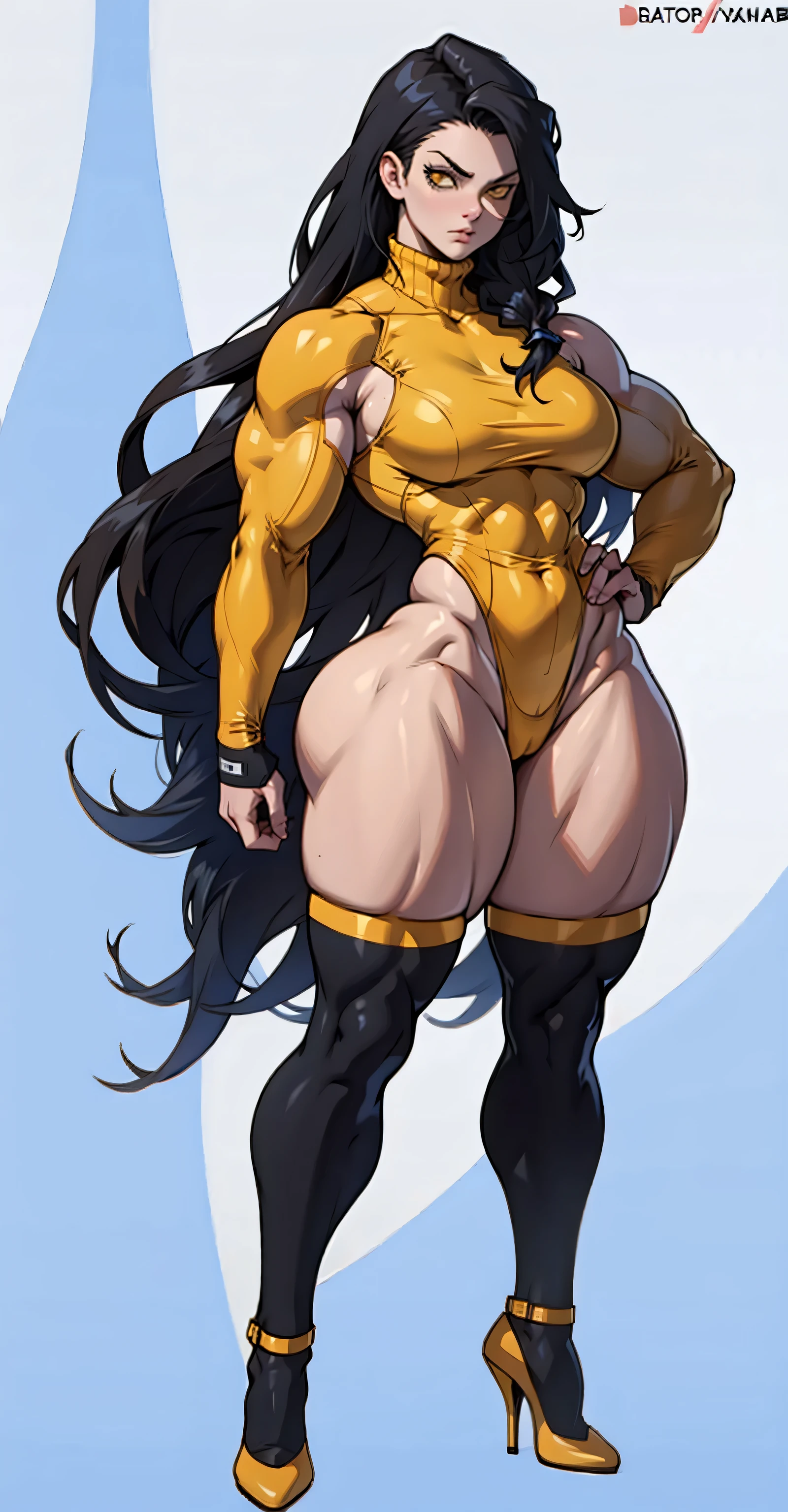 ((grey background)), solo, ((((1 girl)))), bodysuit, very long hair, black hair, angry, yellow eyes, ((((((muscular)))))), (((huge tits))), (((thick thighs))), (((wide hips))), (full body), pale skin, (tight shirt), (tight pants), standing