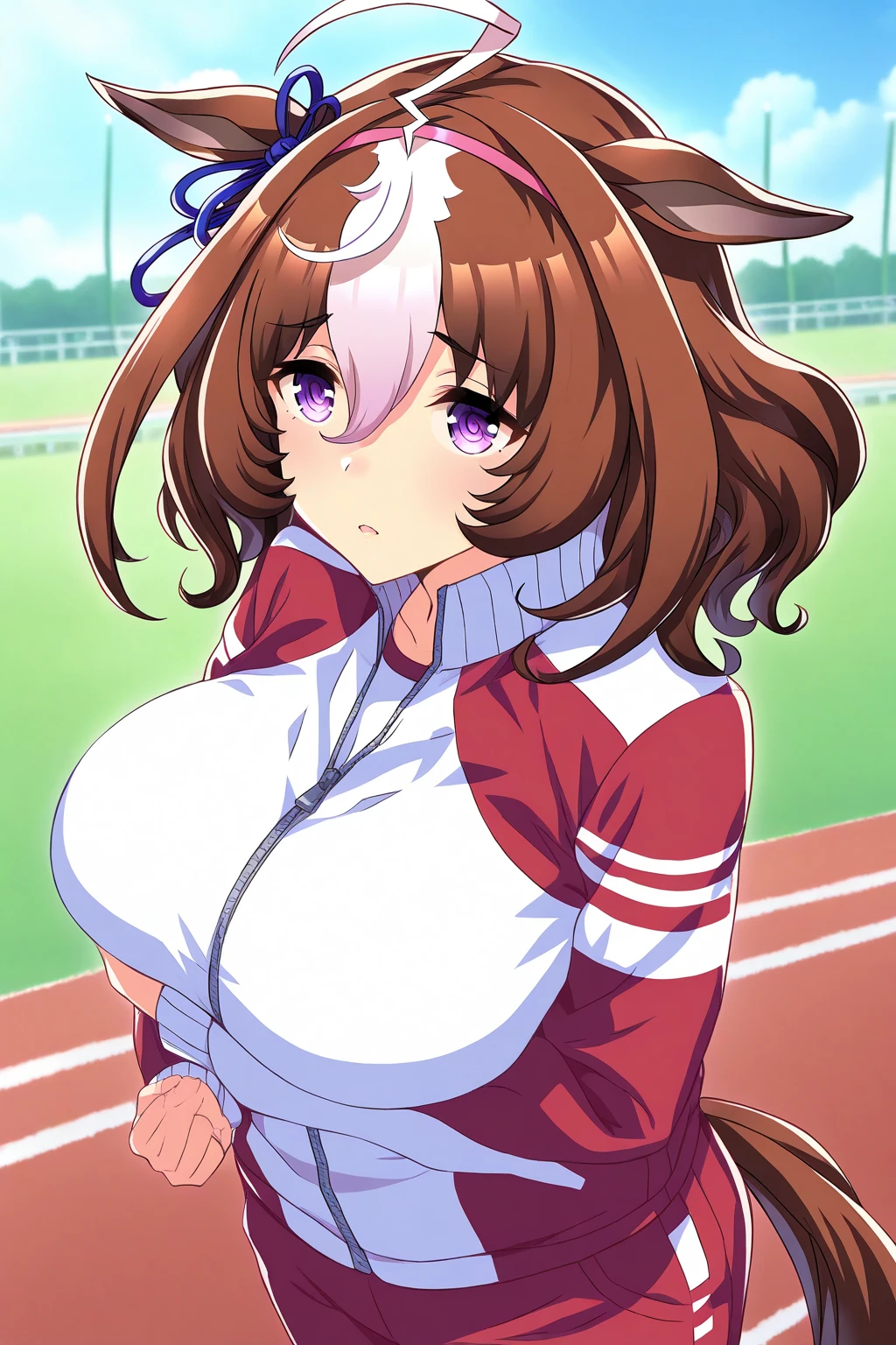 score_9, score_8_up, score_7_up, score_6_up,floox style,surtr, arknights, red hair,big breasts, sagging breasts,, breast focus, cleavage, close-up, closed mouth, collarbone, , head out of frame, jacket,straight-on, , , open clothes, open jacket, purple jacket, purple track suit, shiny, shiny skin, sportswear, standing, steam, steaming body, sweat, sweatdrop, track jacket, track pants, track suit, nipple slip, outdoors, (bare shoulders:1.2), jacket get down, expressiveh, one breast out, long hair