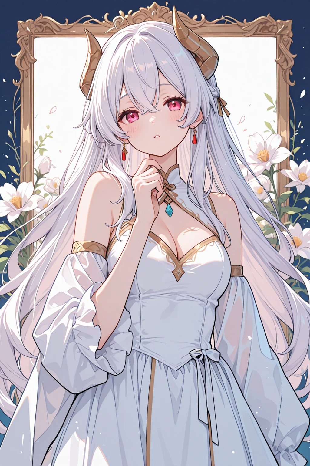 masterpiece, best quality, a girl with long hair, soft white clothes, Alone in the endless flower field，white hair，straight hair，light pink eyes，cat girl，Big breasts，White cat ears，open mouth，Smile