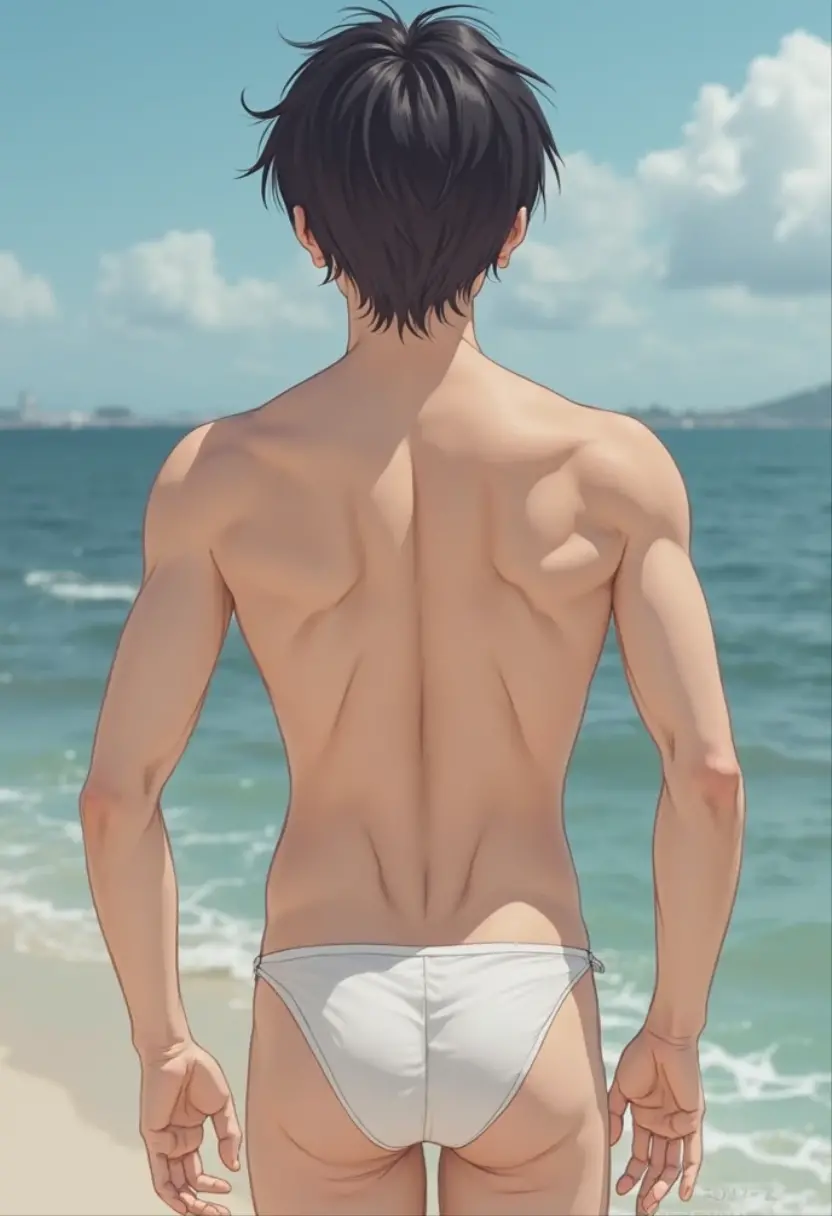 masterpiece, best quality, 1boy, itadori yuuji, pink hair, spiked short hair, undercut, brown eyes, facial mark, topless male, pectoral, abs, shorts, standing, solo, looking at viewer, sea, sand, blue sky, tropical island background