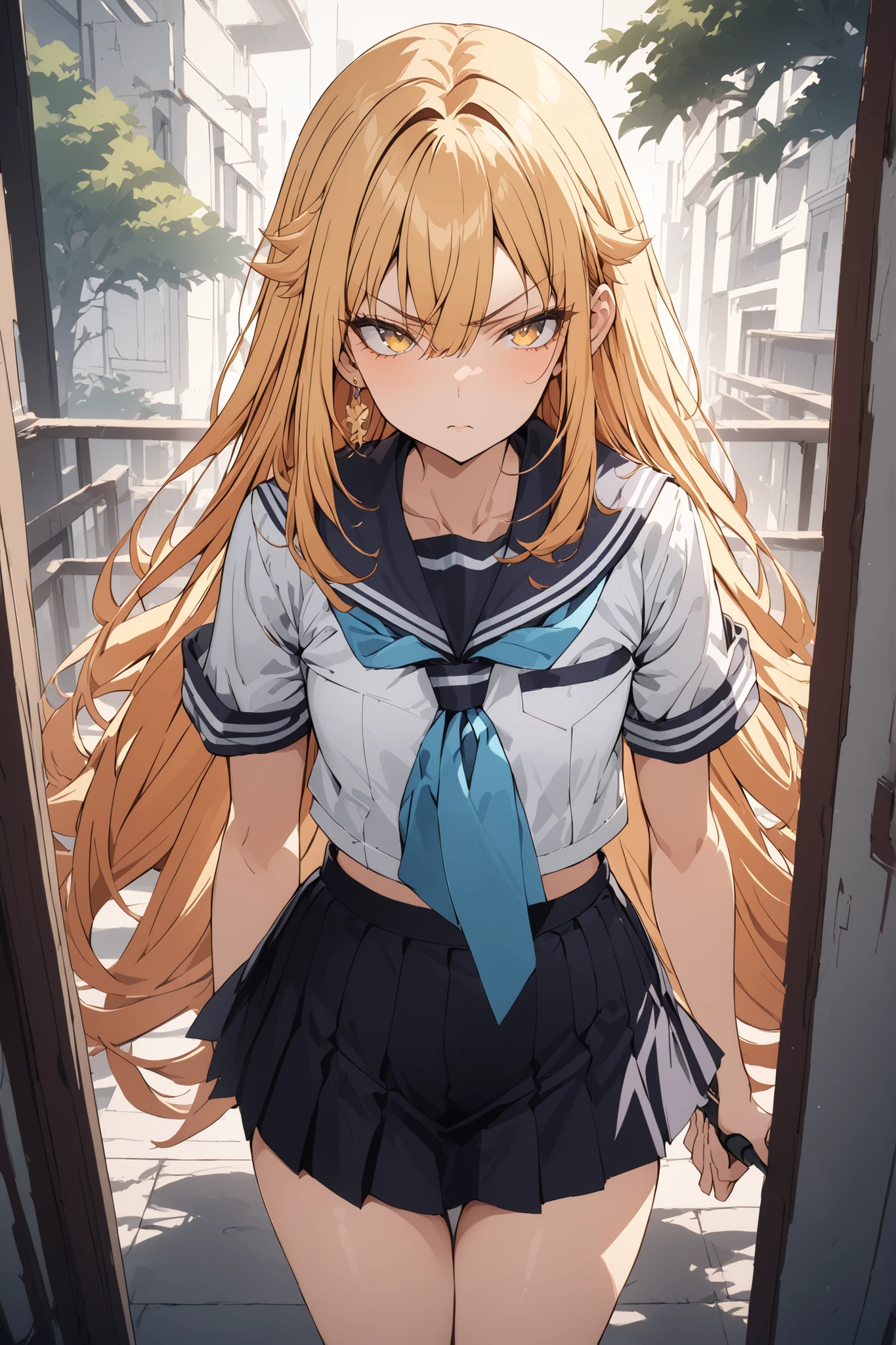 ((Ultimate Masterpiece,top quality:1.2)),(soro),A cool woman with a very slender figure stands at school,(Very thin thighs),cowboy shot with a close cute face,beautiful skin,Very long, straight blonde hair, perfect yellow eyes , tree eyes ,serious expressionless,in a white-based short-sleeved school sailor suit,dark blue pleated skirt,Gold Earrings