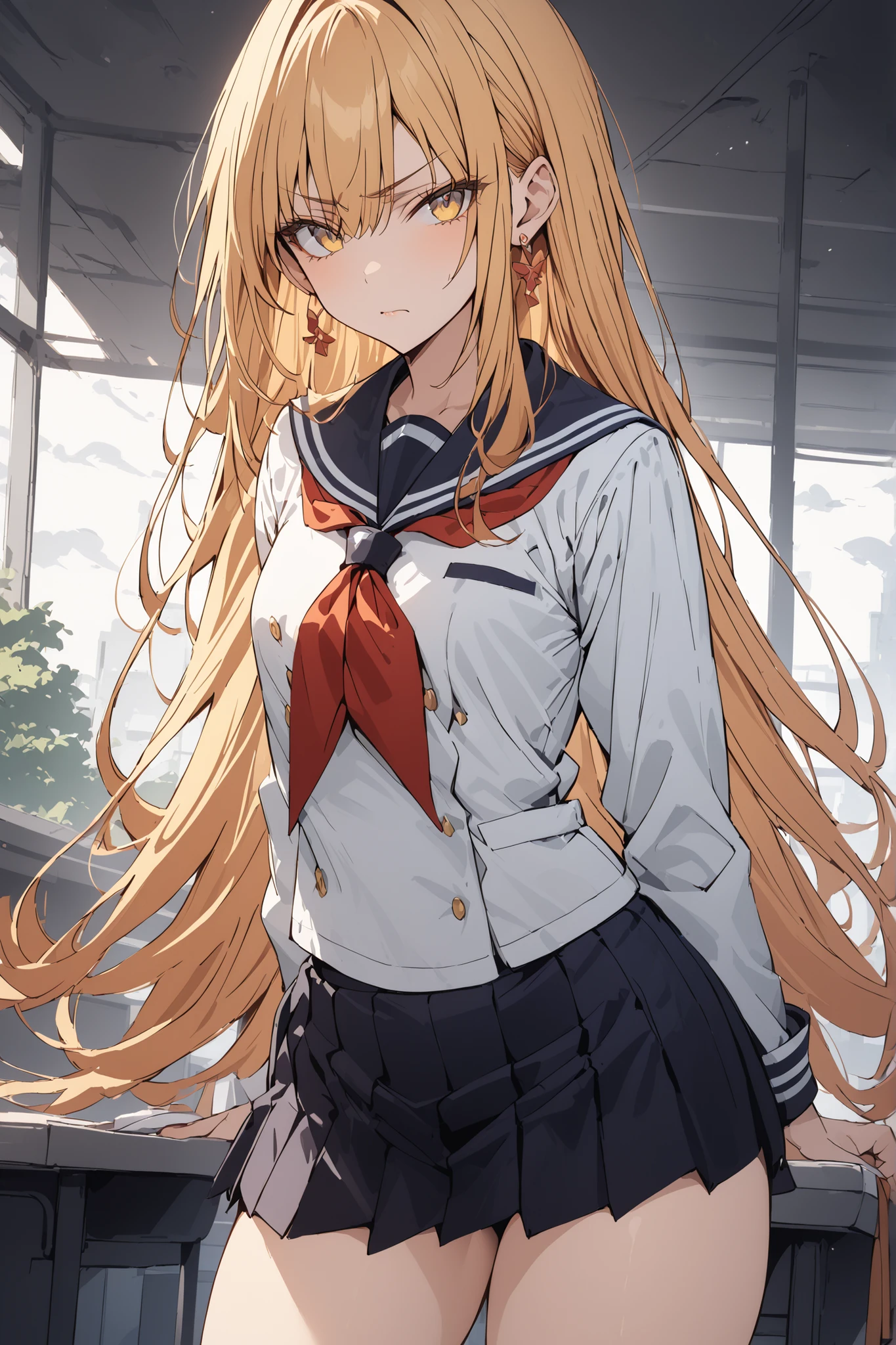 ((Ultimate Masterpiece,top quality:1.2)),(soro),A cool woman with a very slender figure stands at school,(Very thin thighs),cowboy shot with a close cute face,beautiful skin,Very long, straight blonde hair, perfect yellow eyes , tree eyes ,serious expressionless,in a white-based short-sleeved school sailor suit,dark blue pleated skirt,Gold Earrings