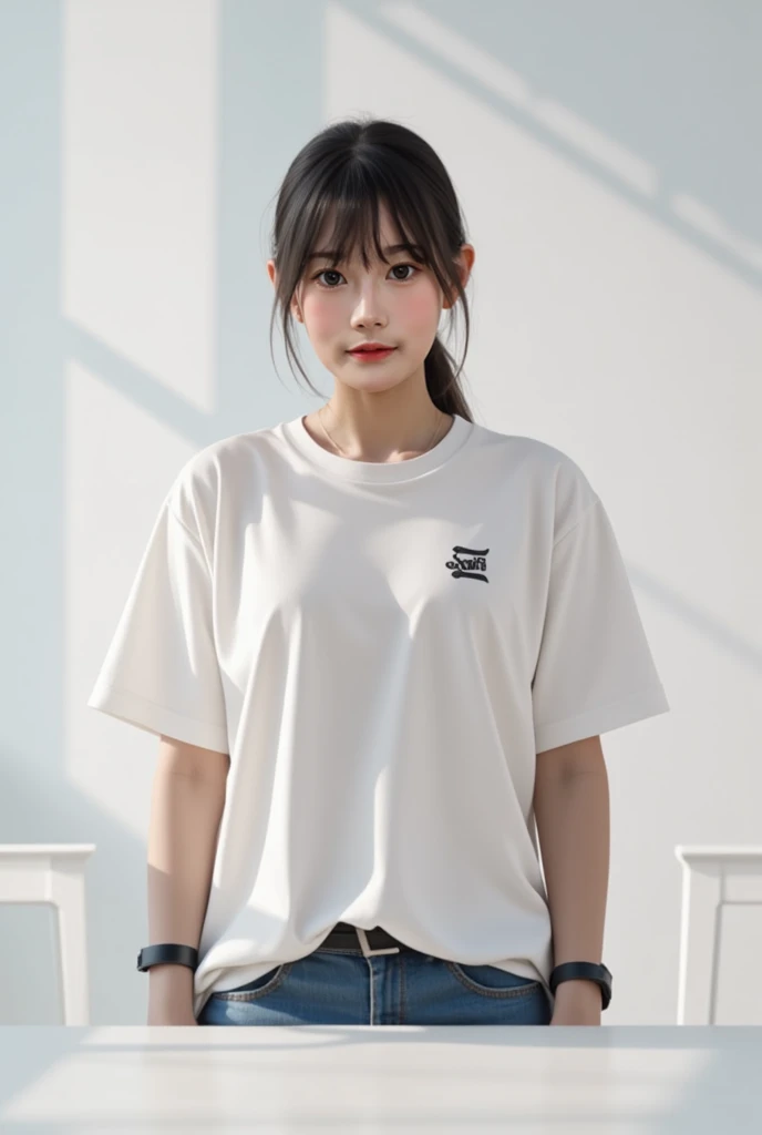 (8K, RAW photograph, Highest quality, masterpiece:1.3),(Genuine,photograph:1.37),(Black Hair),Pause,One girl,Very beautiful face,cute,(small),(Hands down))),Poggy Hairstyle,Random representation,(White T-shirt),JK_style,(Track Shorts) ,Black Hair,(19 years old),moderate,Five Fingers,Normal hand,small Mouth,Straight hair