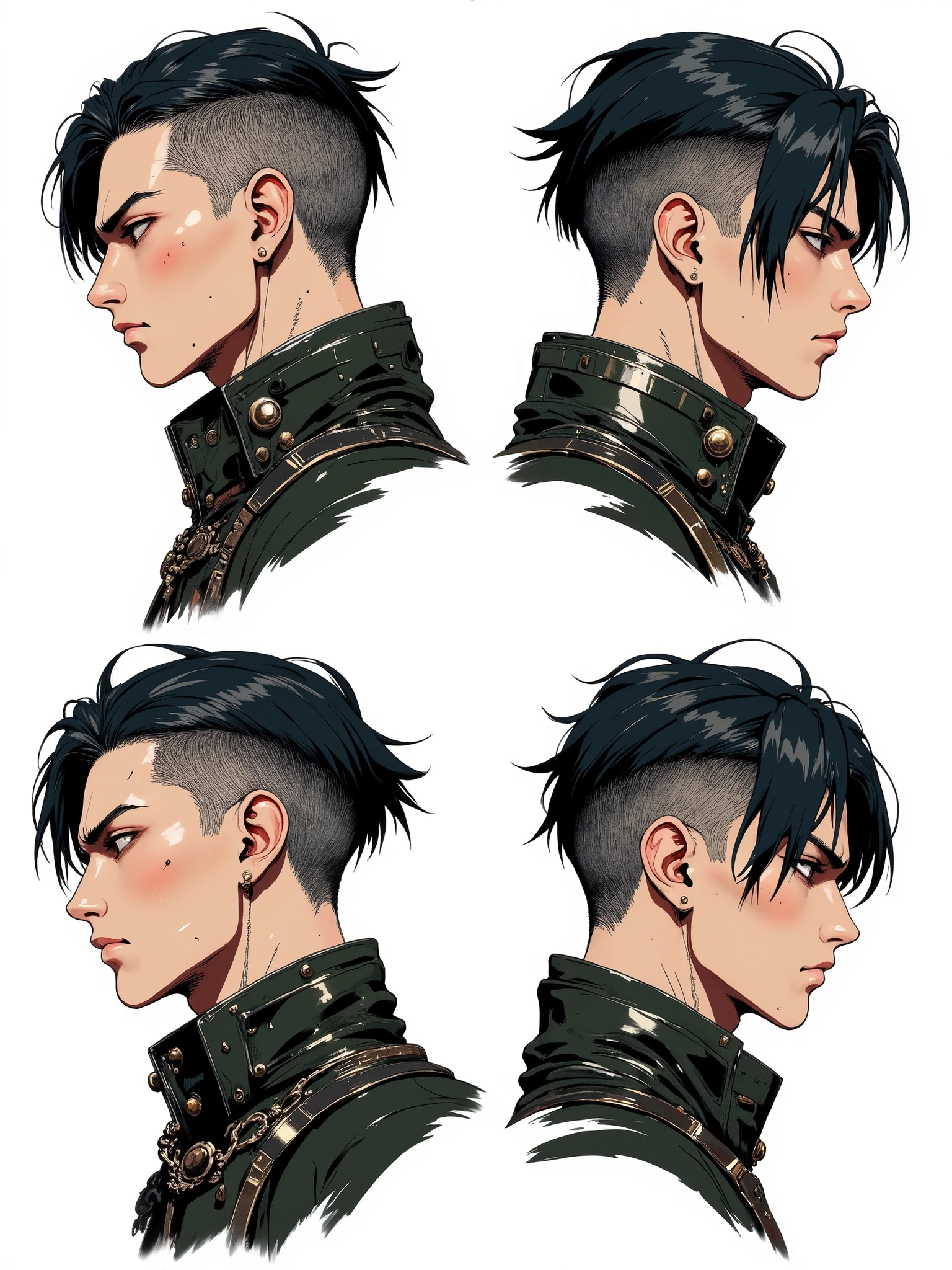 A masterpiece, the latest, very aesthetic, a model sheet of the head and full face of a 30-year-old adult male character, handsome and aesthetic, with short cyberpunk-style hair shaved on the sides, with bangs swept to the side, Vikings-style hair, straight cyberpunk-style hair, black hair, wearing a futuristic military outfit, a leather outfit with metallic adornments, cyberpunk-style gothic clothing, black and red "Assassin's Creed"-style clothing, gothic style, with anime features rendered and drawn in an anime style similar to the anime "Blame," "Castlevania," "Berzeker," -- high-quality image, 32k, adult-style anime, reminiscent of 90s anime. 3 tones, 90s anime colors, defined and striking features, serious look, hero face, high resolution, 3 color tones, cel tone, high contrast, no gradient. Model sheet of his head, showing it from the front and from the side on the same page, 3 positions, anime character model sheet, white background, high resolution, anatomically correct, high quality. Anime features, rendered in anime style [[White background]] [[Model sheet]] Close-up of face, defined lines, high resolution