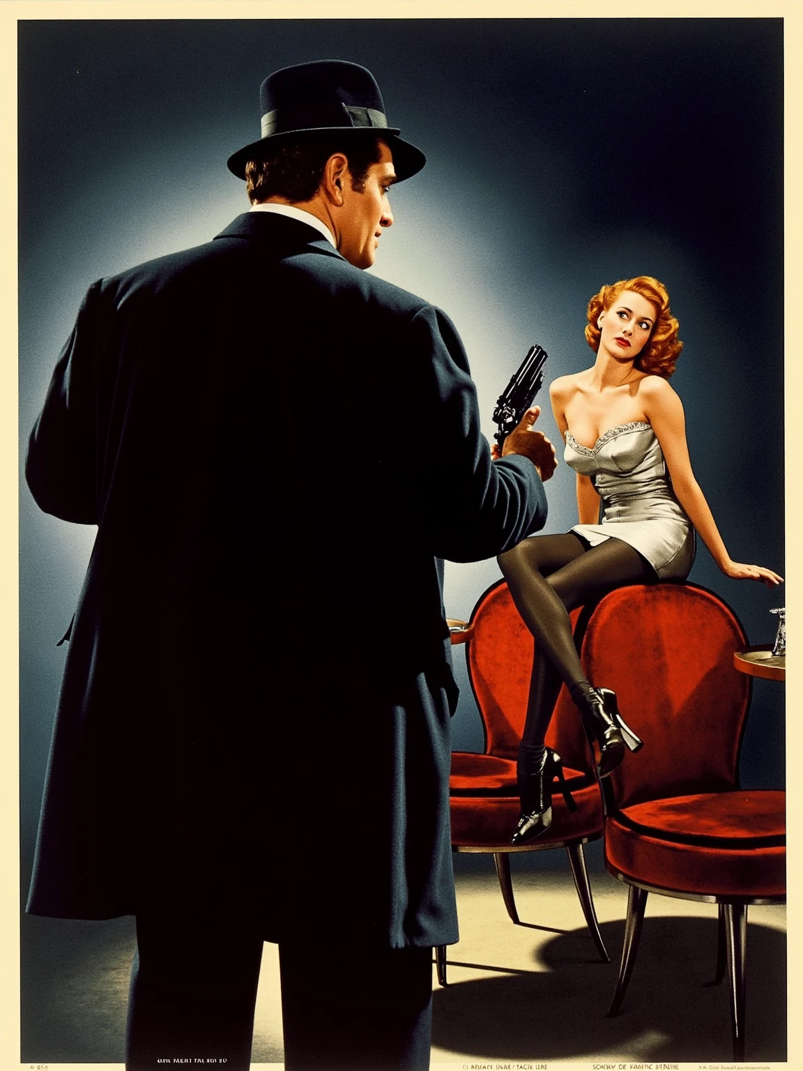 A woman in a red dress is holding a gun next to a man, Annie Leibowitz, Annie Leibowitz, George Miller, by John Mossman, a George Miller film, Lucian Freud and Drew Struzan, Georgette Giugiaro, By John Keene, Jenny Saville, David Febrand, actor, Danny De Vito, Mario Testino