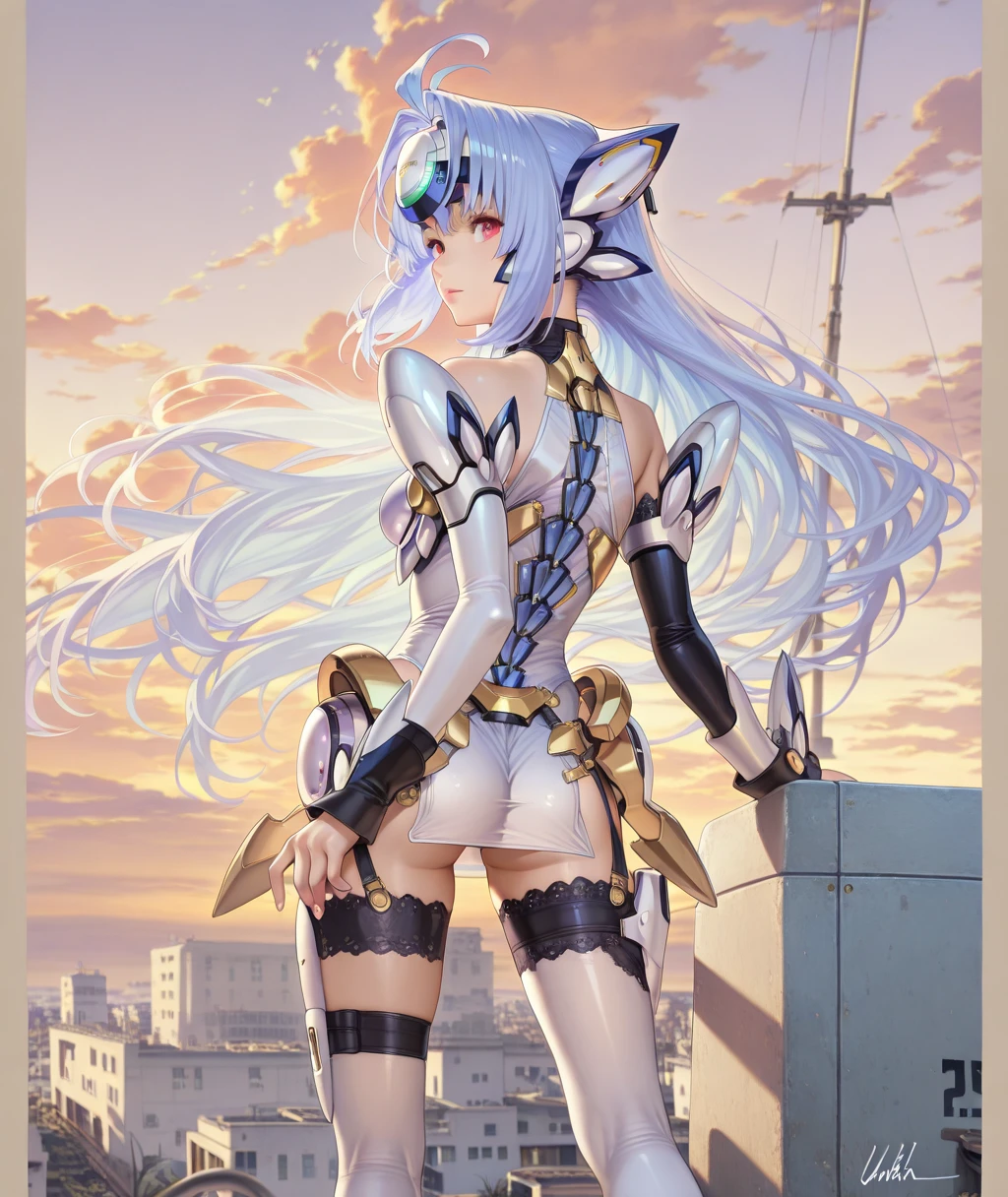 High image, Super Detail, High resolution, Anime, Manga, Illustration, White robe, cute girl android, deadpan, Flowing layered medium blue hair, Glowing big red eyes, slender, Full body, Northern Renaissance style in the background, Fantasy, Galaxy, Magic Circle, Kaleidoscope, Rainbow and golden neon lights emitting many lines radiating from the floor and ceiling, cyberpunked, Water droplets, splash water