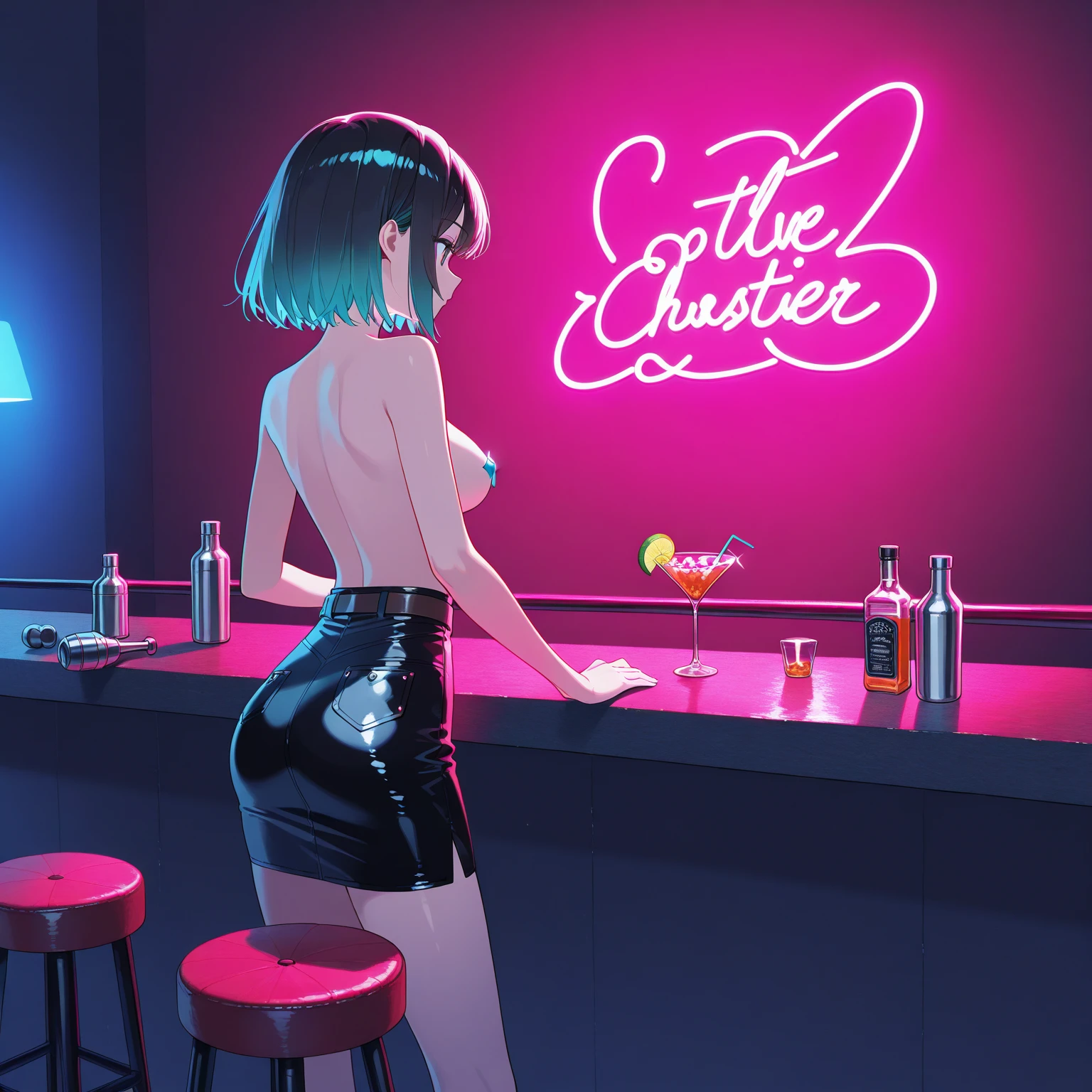 1 girl, sexy, ( short black pixie style hair ), dark skin with bikini lines, sweaty body, dressed in a blazer and mini skirt , dancing sensually in a bar , high qualiy, showing the ass, ultra detaild