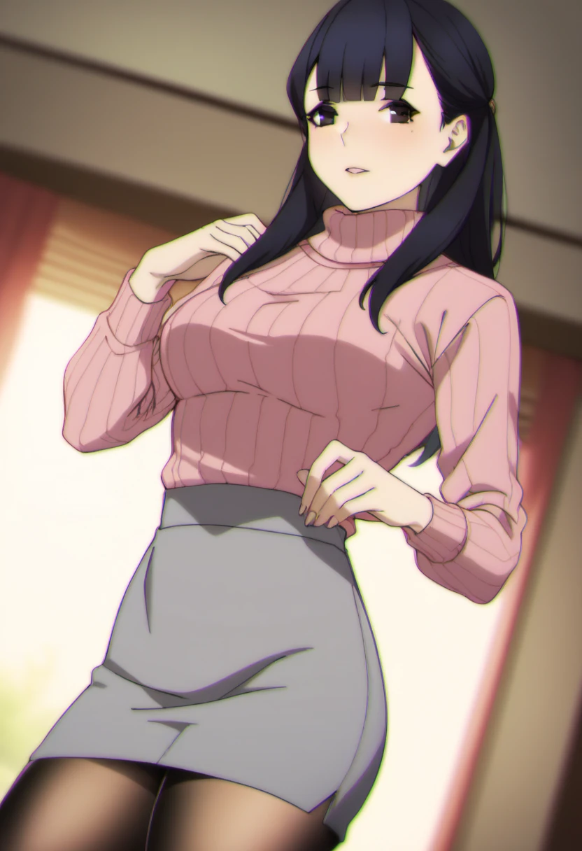 masterpiece, best quality, highres, rikka1, 1girl, takarada rikka, black hair, solo, blue eyes, wrist scrunchie, long hair, red socks, school uniform, black skirt, bangs, pleated skirt, orange scrunchie, red bow, white cardigan, long sleeves, bowtie, white shirt, miniskirt, white sweater, (skift lift:1.2), frown,