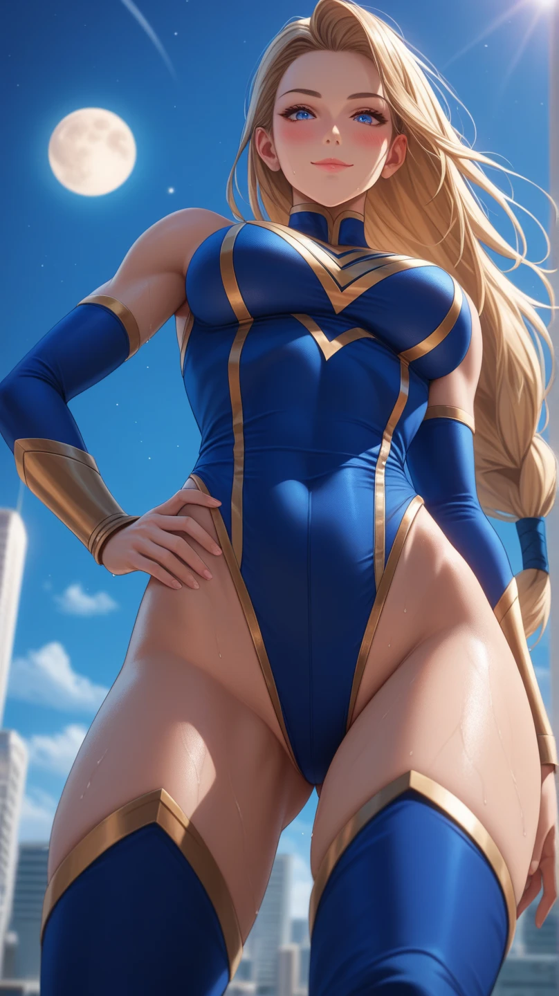 (Master piece, absurdres, best high quality image, high fantasy genre, carefully detailed textures, detailed image and background, solo character, front view)
{{(1character: 27 years old blonde girl: (pale skin, light-blue eyes, long straight blonde golden hair, beautiful face, beautiful voluptuous figure, beautiful legs, beautiful arms, big breasts, beautiful hips, angry expression, agressive demeanor, combat pose), (blue headband, white one-piece leotard, white heeled shoes), (military training room))}}