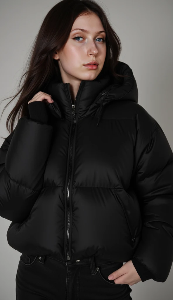 the back of a woman wearing a black jaket and leggings, model wears a puffer jaket, model is wearing technical vest, jaket, sports jaket, puffer jaket, sports clothes, wearing jaket, with two front pockets, photograph of a techwear woman, jaket over bare torso, detailed photo, detailed photo, nanocarbon-vest, 3/4 front view